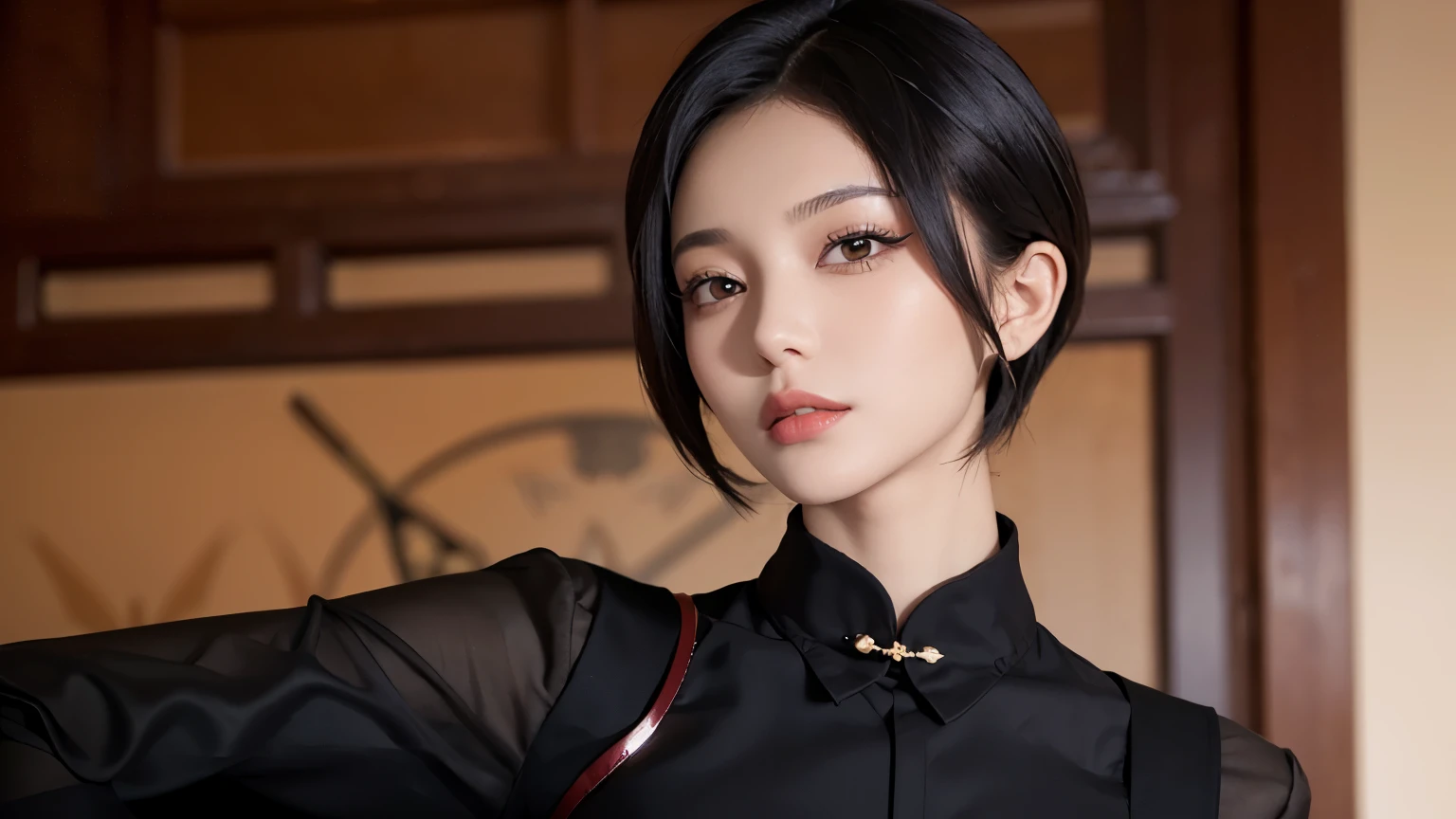 Cool Chinese Girl with Short Hair - Version 2.0:
Chinese women、Her short hair exudes sophistication and coolness.。, sophisticated hairstyle. her hair, Long shiny black bob, This style emphasizes angular jawline and high cheekbones.. The woman's face is perfectly made up, Slight pinkish redness on cheeks, thin, Well-defined eyebrows, Her lips have a hint of lip gloss. Her Eyes, Dark and almond-shaped, surrounded by a thick frame, Bold eyeliner and long, Perfect lashes.
She is wearing a modern Chinese costume., Consists of