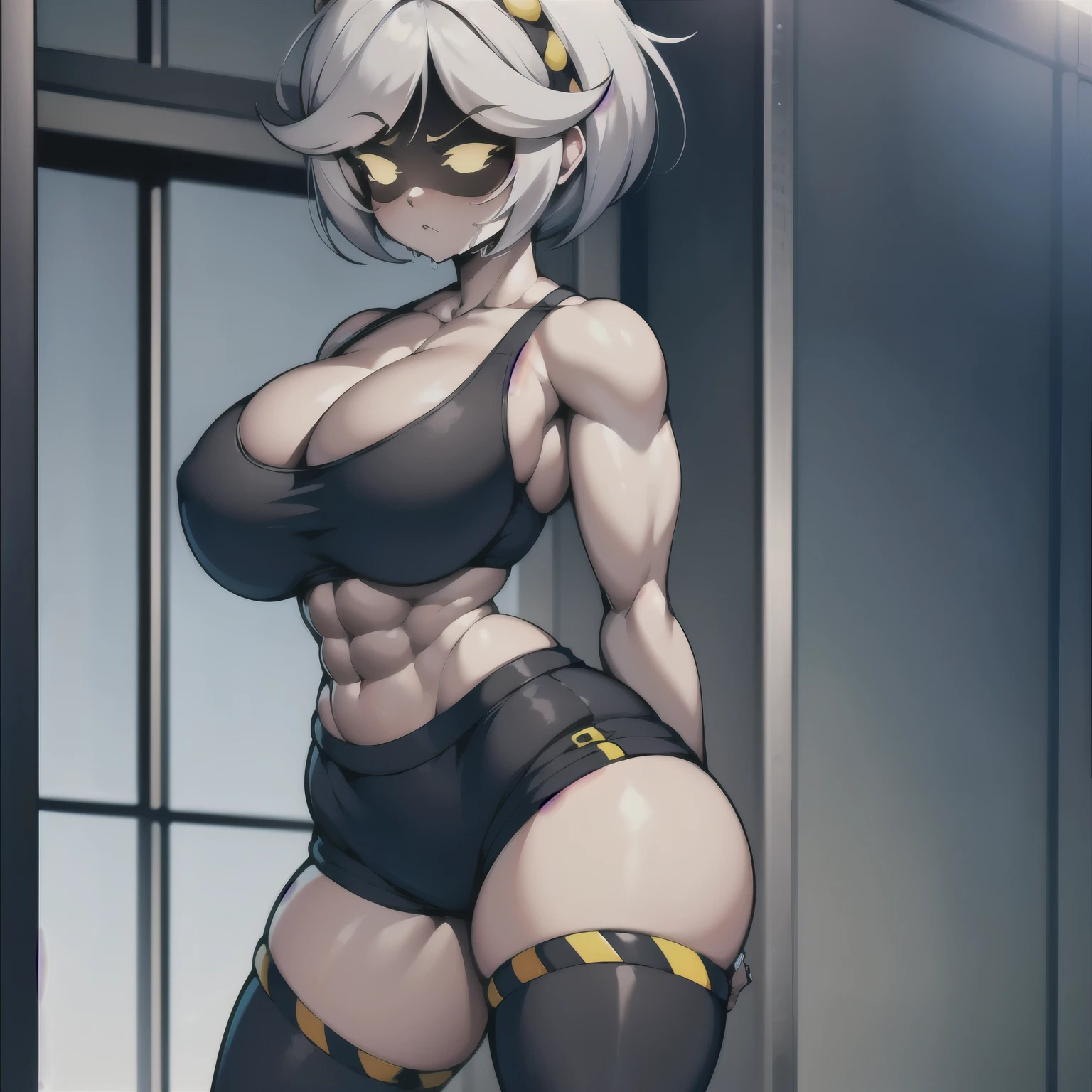 vdrone, masterpiece, high resolution, robot, white hair, short hair, sports bra, thighhighs, big breasts,  HDA_Ahegao, showing cleavage,gym shorts, full body shot, abs, biceps, muscular figure, female bodybuilder, toung out, drooling, 6 pack abs, detailed muscles, 