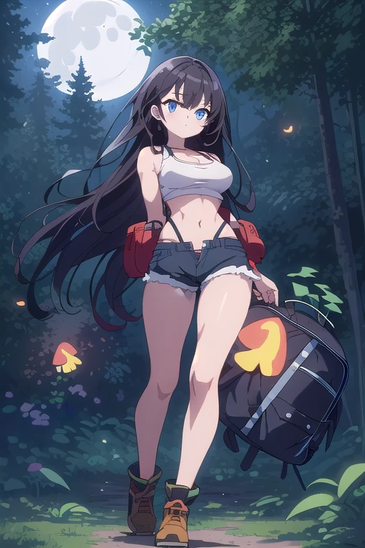 ultra high res, masterpiece, anime style, cell shading, highly detailed, fantasy inspired setting, 1girl, long black hair, blue eyes, expressive eyes, perfect face, medium breast, small waist, perfect figure, athletic physique, white crop top, showing cleavage, mid section exposed, wearing a hiking backpack, brown short-shorts, brown hiking boots, walking, looking at viewer, full body portrait, (Background: Outdoors, in the forest, night, moon light luminating on the forest floor, glowing mushrooms, fireflies)