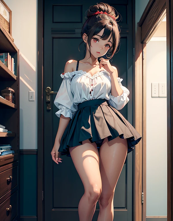 ((best quality)) ((best quality)), ((masterpiece)), (detailed), 4k image, anime style, beautiful woman, brown skin, symmetrical face, cherry pink plump lips, blood red eyes, African looks, fit athletic body, supple thighs, small breasts, toned body, slim waist, short height, sleek hair tied in a messy bun, wide hips, phoenix eyes, small nose, heart-shaped butt, light blue frilly blouse, silky black pleated miniskirt one girl only, full body image, back to the wall, one girl only, brown skin, front view
