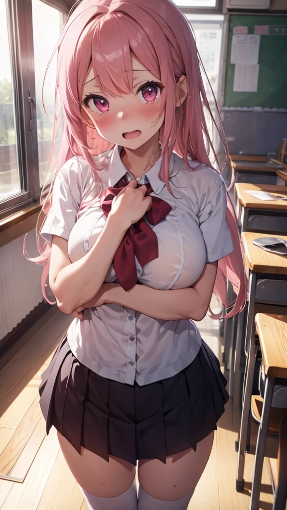 mastute piece,Best Quality,insanely detailed,8k cg,
shoot upper body,
1girl,standing,body in front,(school uniform),
blush,shy,(trembling:1.2),pink hair,break,open mouth,large breast,classroom,
