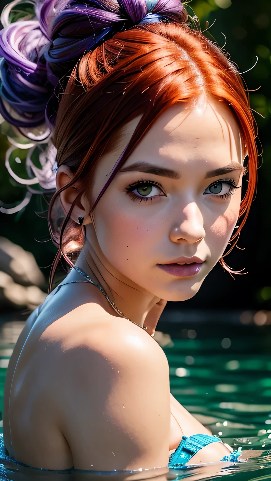 1.5),(1 girl),(dynamic pose),(multicoloredhead+silver hair:1.3+redhead:1.2+purple hair+yellow hair:1.3+green hair:1.3),(blue eyes),(neck ribbon),(floating),(cloud),(Too many droplets of water),(twilight),(watercolor),(wide shot),masterpiece, 最high quality, high quality, High resolution, close up of face、