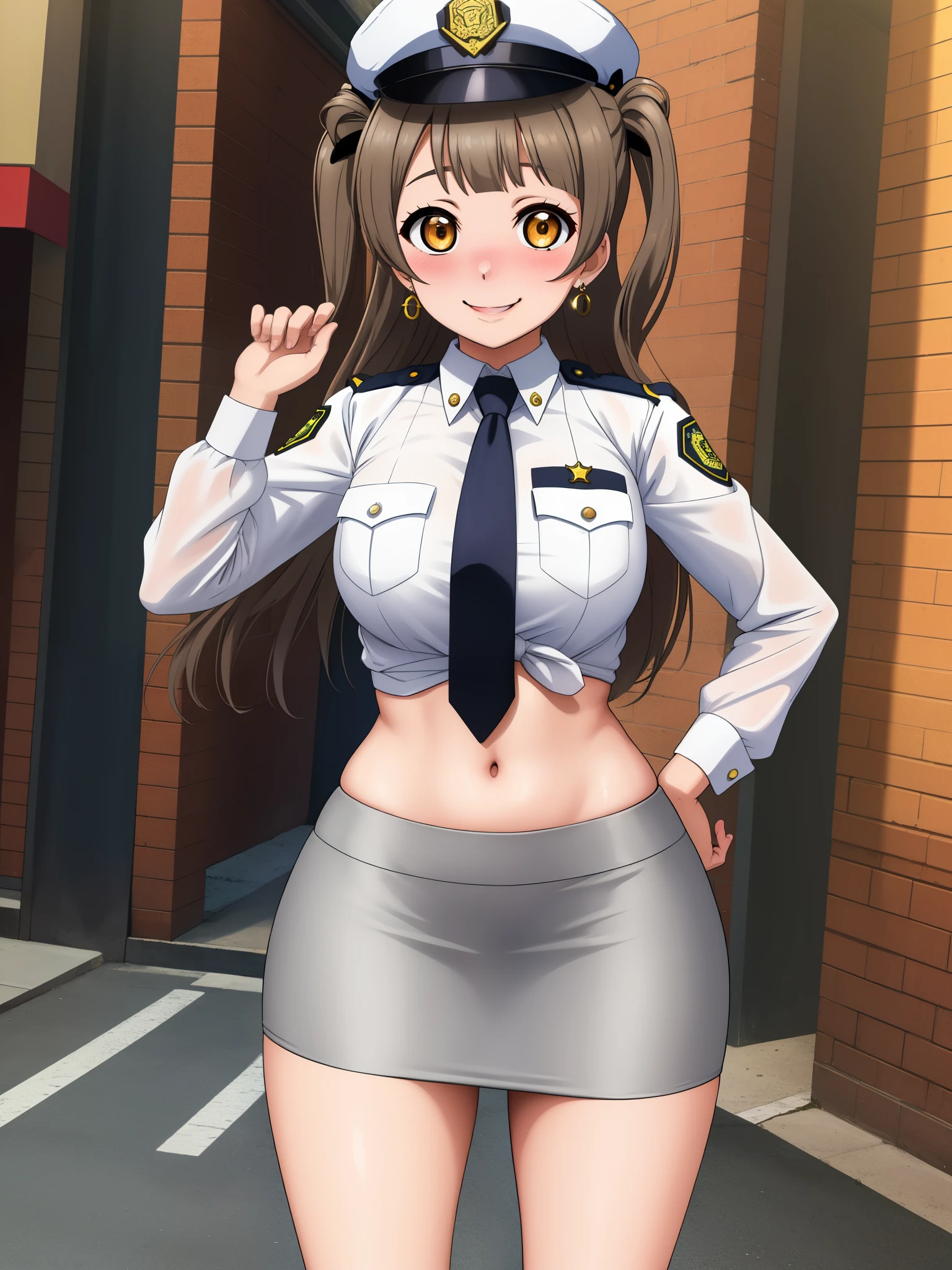 Masterpiece, best quality,solo, (detailed face), minami kotori, curvy body, smile,(embarrassed:1.2) ,white shirt,half sleeves,earrings, pencil skirt, midriff, necktie , standing,police cap,in street,looking at viewer, cowboy shot, thighs, wide hips 