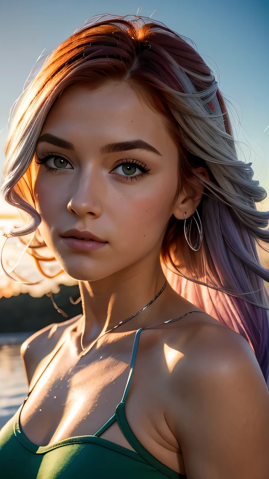 1.5),(1 girl),(dynamic pose),(multicoloredhead+silver hair:1.3+redhead:1.2+purple hair+yellow hair:1.3+green hair:1.3),(blue eyes),(neck ribbon),(floating),(cloud),(Too many droplets of water),(twilight),(watercolor),(wide shot),masterpiece, 最high quality, high quality, High resolution, close up of face、