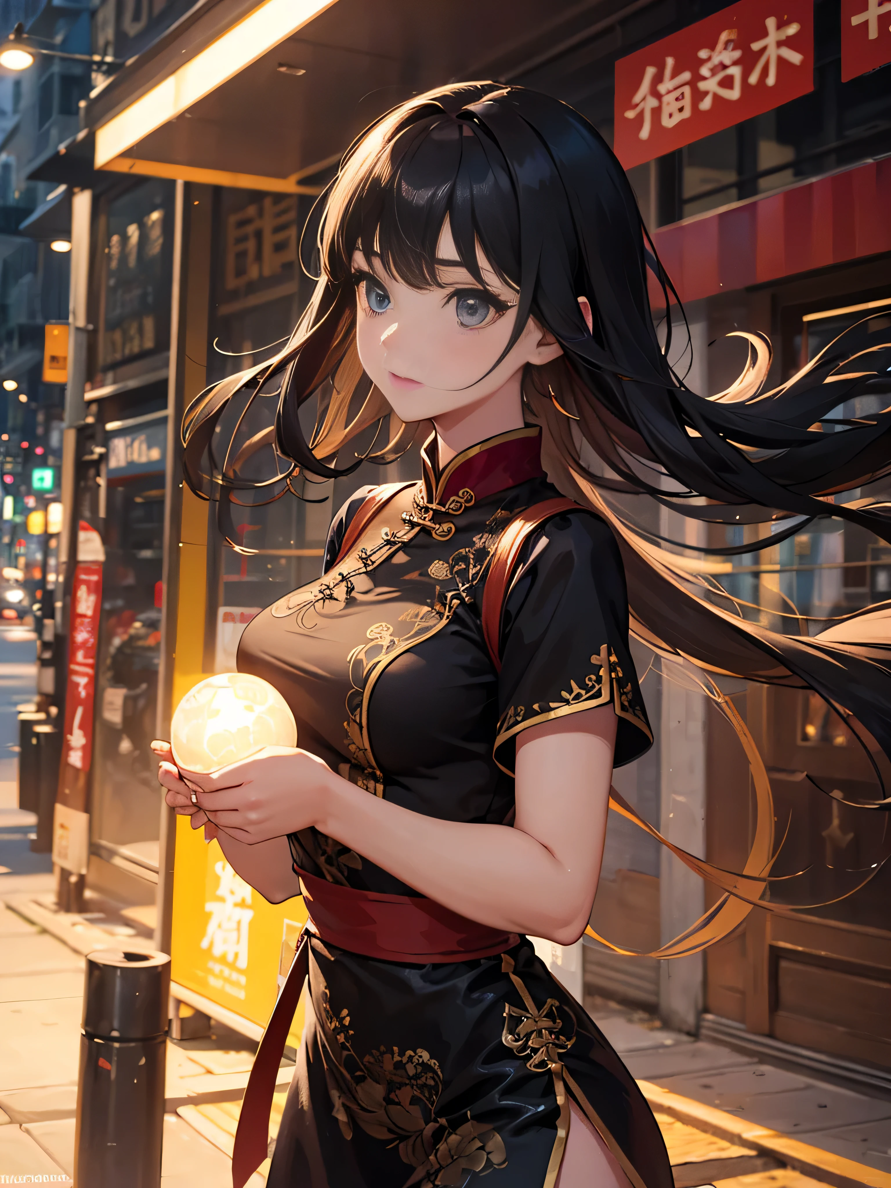 woman portrait ,20 years,Chinese,Upper body,Chinese clothes,Shanghai Street,cinematic lighting,fighting pose,