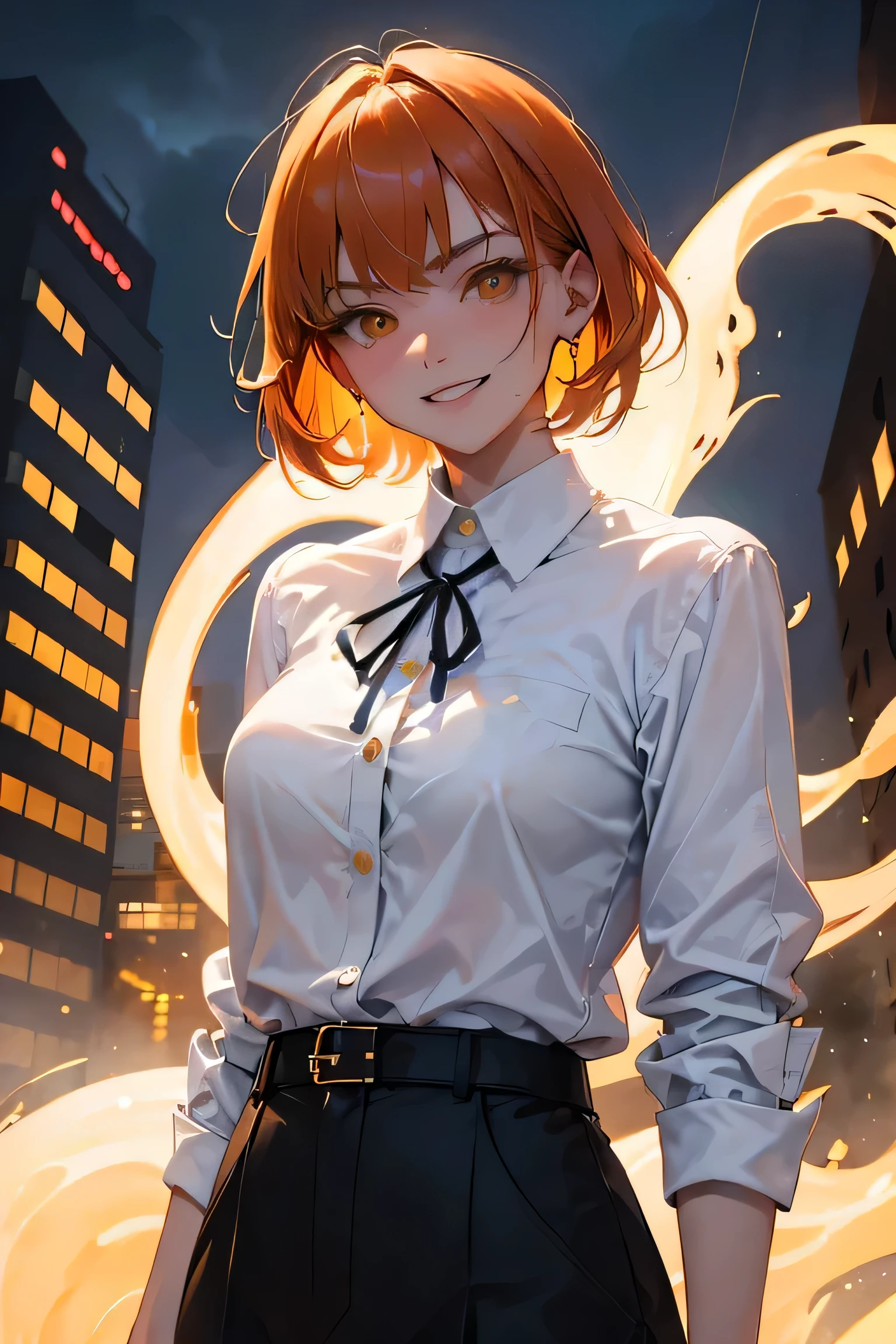 A cool adult woman wearing a Gojo Satoru-style costume、No ribbon、open collar、1 person、hundreds of ghosts at night、horror、Orange brown short hair、yellow eyes、luster、luster、Fight、cheerful smile、urban background、bright、won'Do not touch、bold pose、hologram、anime key visual