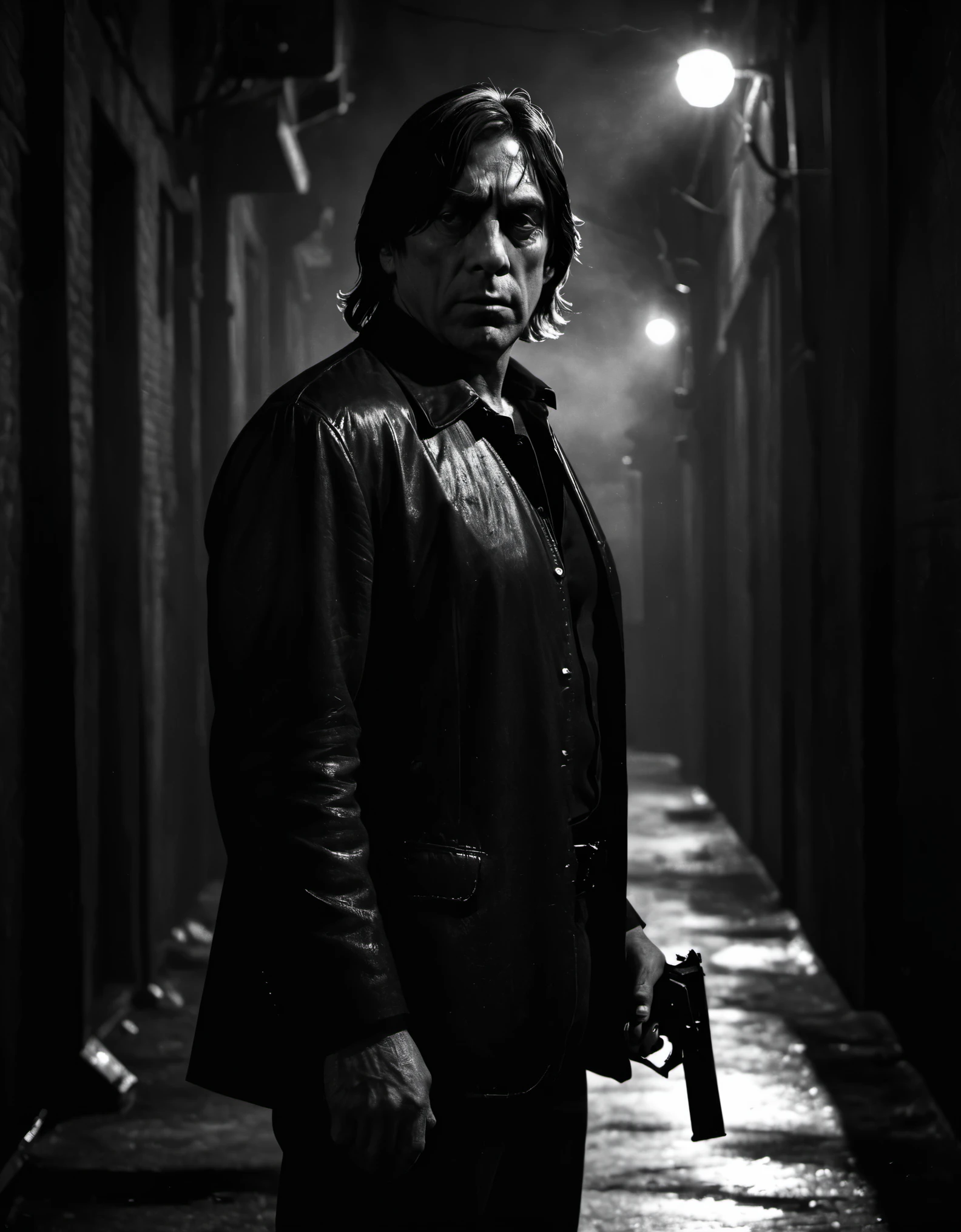 Anton Chigurh, a ruthless killer he is the personification of evil, standing in an alley at night with a pistol with a silencer, imagem detalhada perfeita