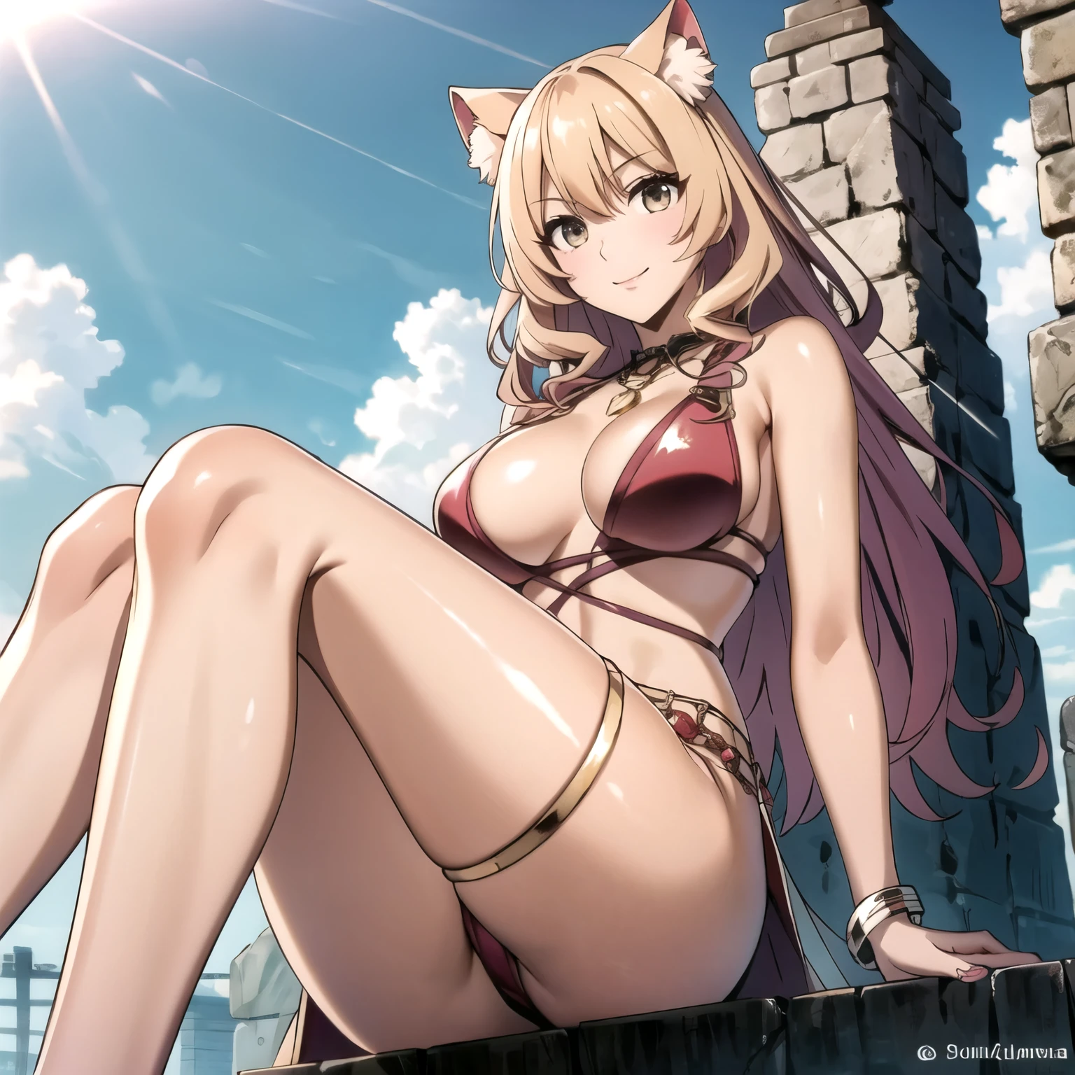 Raphtalia woman 24 years old straight golden blonde hair, orejas de oso, ojos rosados, piel morena, pechos grandes Excelente calidad, sumamente colorido, vestida con un vestido egipcio blanco, con escote profundo, con aberturas a los costados de la falda, dejando al descubierto sus piernas, con collar antiguo, estilo egipcio, pulseras doradas, aretes azules,  cabello largo, cabello lacio, ojos amarillo dorado, mirada muy traviesa, erotic smile, sonrisa sexy, ultra mujer sexy , , pechos firmes, entorno del antiguo Egipto, at the top of a pyramid, sol de fondo,  de pie parada .