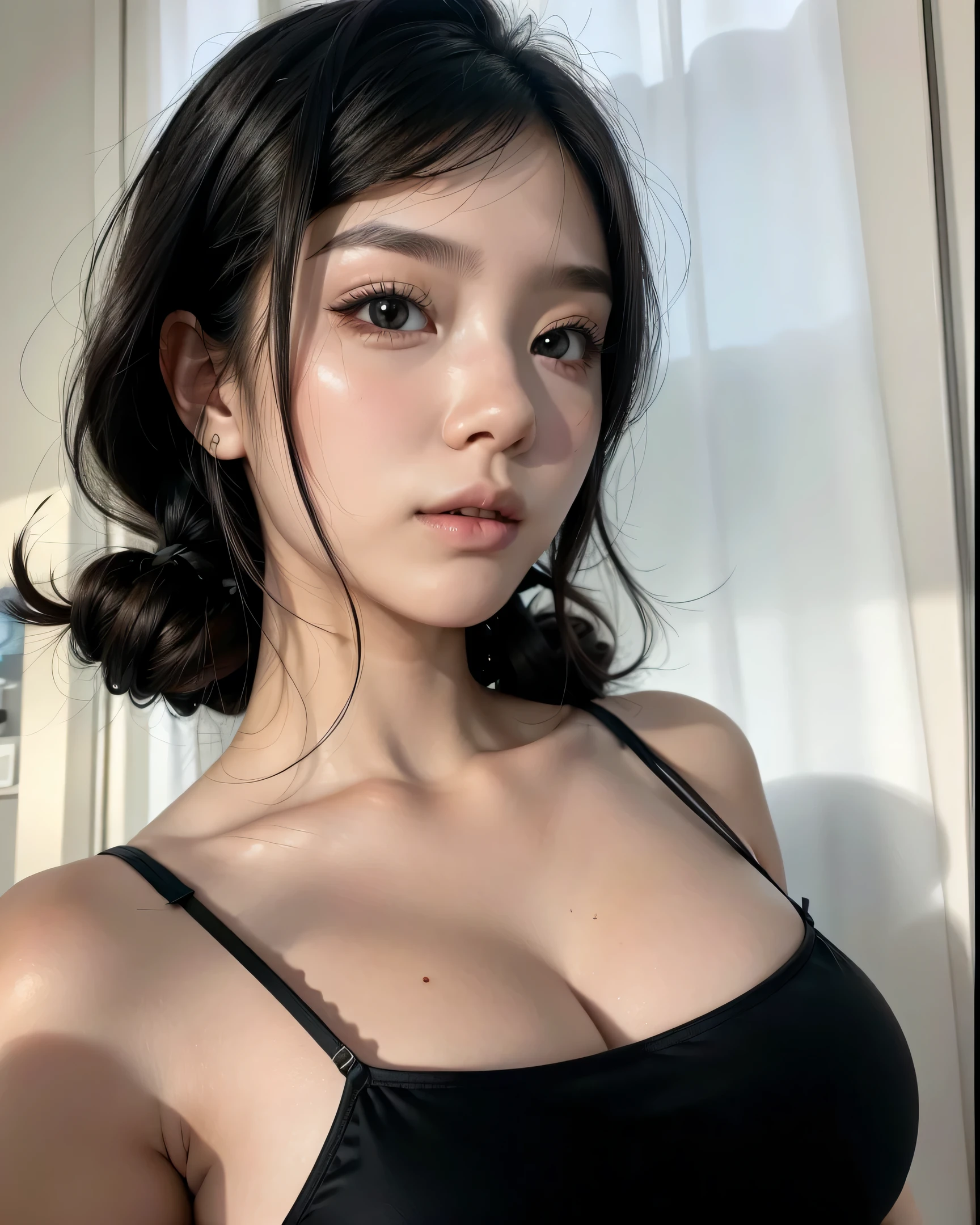 Ulzzang a close up of a woman in a black top and a black bra, 🤤 retrato de , even model