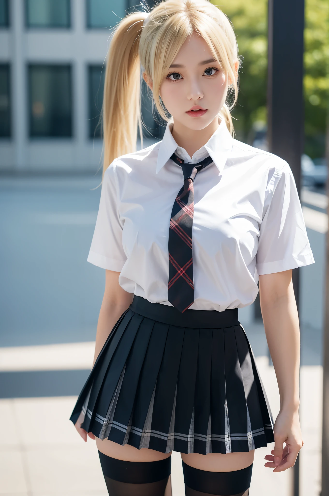 1girl, solo, looking at viewer, black eyes, skirt, blonde hair, shirt, thighhighs, school uniform, white shirt, ponytail, short sleeves, cowboy shot, pleated skirt, necktie, white thighhighs, lips, zettai ryouiki, plaid, plaid skirt, realistic, nose, shirt tucked in,