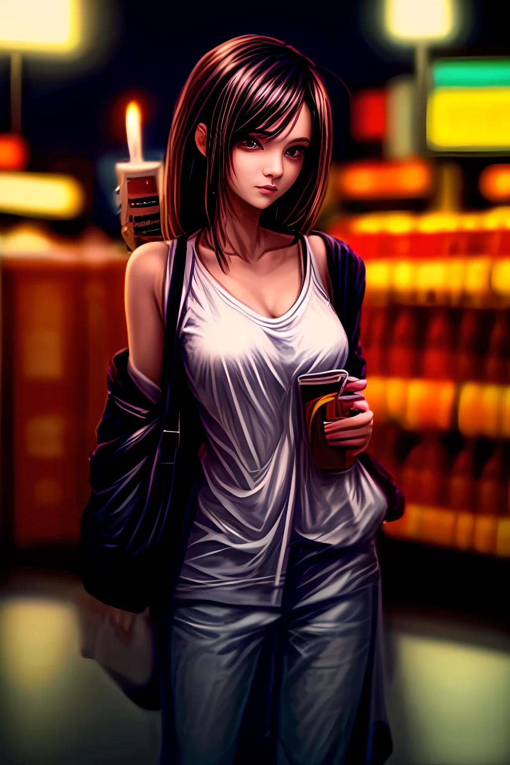 mature Beauty in casual wears at midnight convenience store, standing with beer can