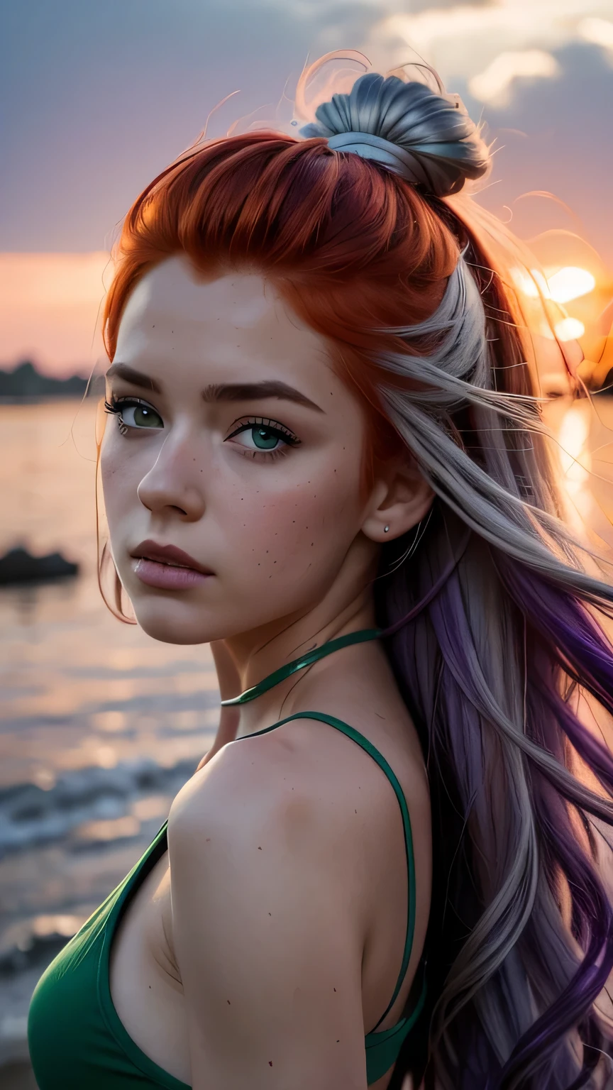 1.5),(1 girl),(dynamic pose),(multicoloredhead+silver hair:1.3+redhead:1.2+purple hair+yellow hair:1.3+green hair:1.3),(blue eyes),(neck ribbon),(floating),(cloud),(Too many droplets of water),(twilight),(watercolor),(wide shot),masterpiece, 最high quality, high quality, High resolution,