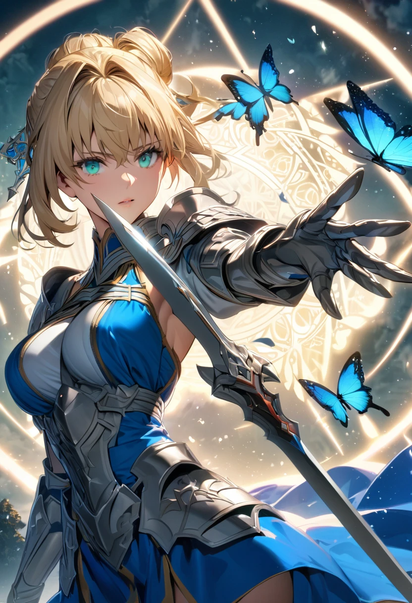 Ultra detailed, Highres, absurdres, HDR, Arthuria Pendragon, blond hair tied in a bun, aqua eyes, Fate Grand Order, blue dress, silver armor, holding a sword, beautiful, 1 woman only, magical circle, butterflies,