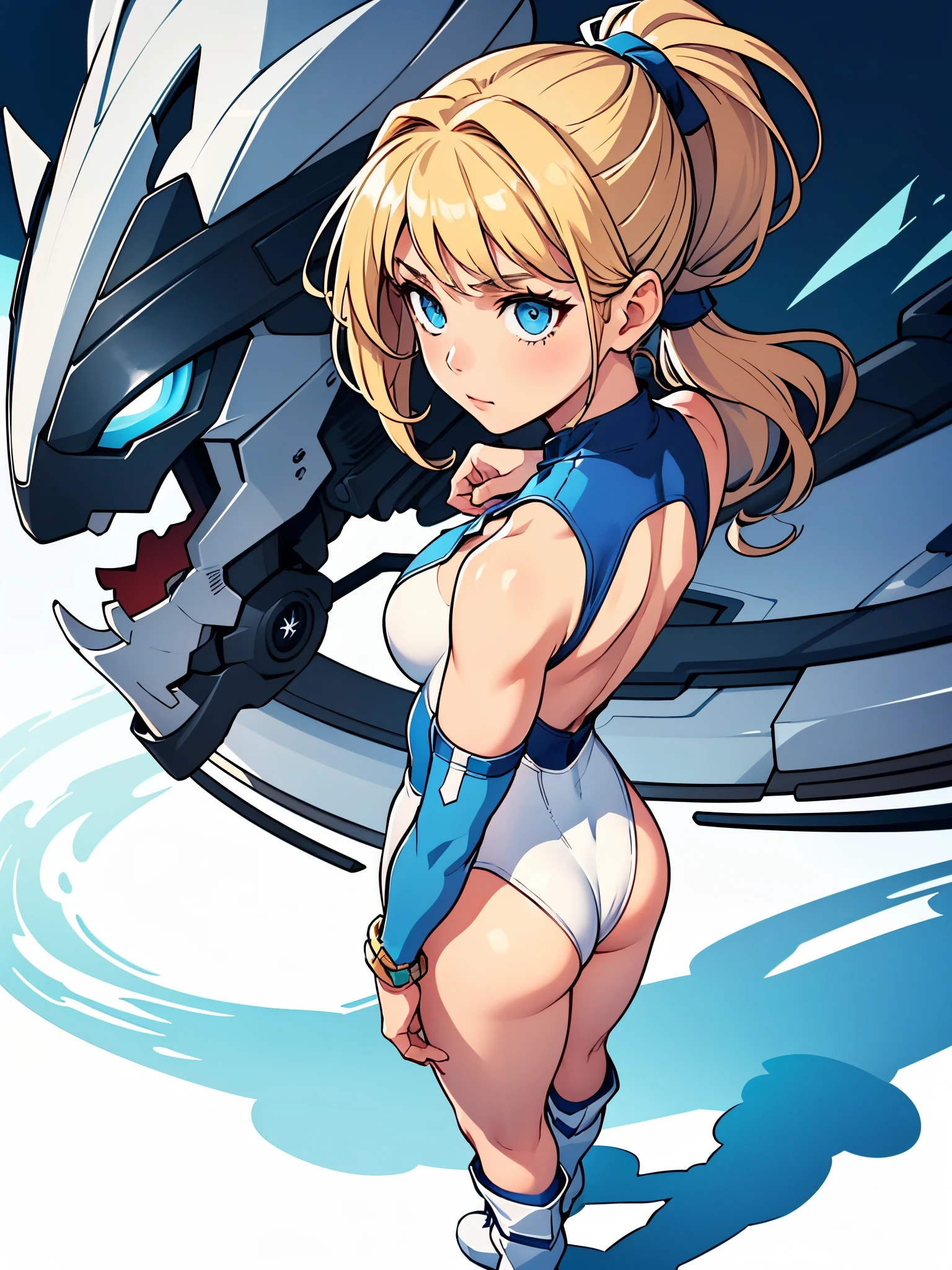 1girl, tall body, light blonde hair, aquamarine eyes, boots, ???????, bracelets, full body, hair ornament, ((shoulder-length hair, ponytail, bangs)), full body with costume, ((leotard, perfect leotard, gymnast_outfit leotard, white leotard with blue accents, ???? legs)), hi-tech shoulder pads, (white boots), ??????????????, perfect hands, complete fingers, perfect ???????, perfect proportions, solo, solo focus, superhero, beautiful detailed eyes, beautiful detailed face, age 18, asuka suit, full body portrait, standing straight, ((back view)), cityscape