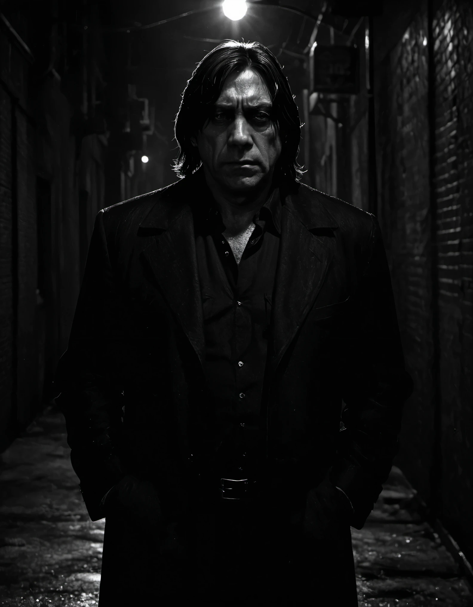 Anton Chigurh, a ruthless killer he is the personification of evil, standing in an alley at night