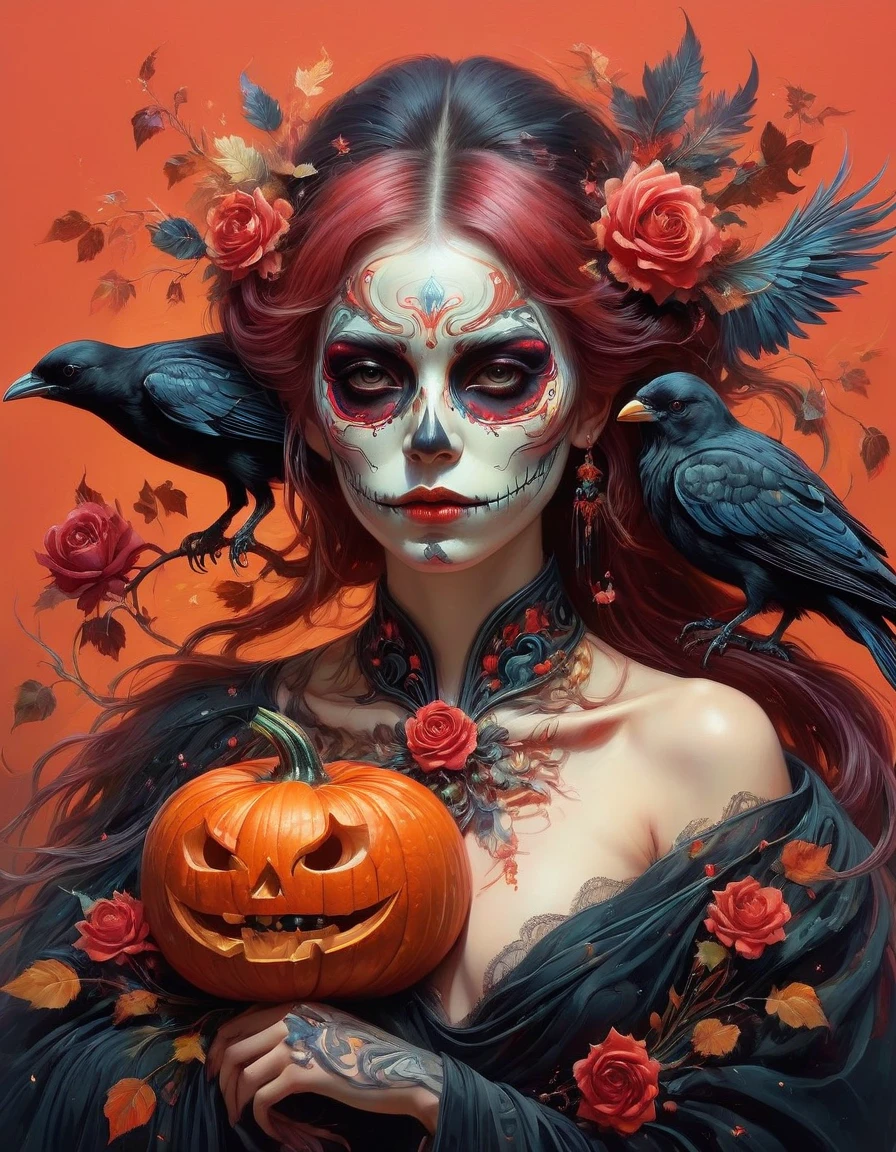 (The Art of Aptrus, Peter Pola), skeleton, 1 girl, Hairy, Jour des morts, Scary Pumpkin Mask, Rags of rags, fog and mist, flat chest, small breasts, Rotten pumpkins all around, official art, Super detailed, Beautiful and beautiful, intricate details, Portrait of the most beautiful chaotic form, elegant, brutalist design, bright colors, by James Jean, Robbie Devi Antonio, Rostran, French bacon, Michael Mraz, Adrian Genius, Petra Cortright, Gerhard Richter, Takato Yamamoto, Ashley Wood, Atmospheric, (black crow:1), (Blackbird:1.2), Red rose, (Limited color palette), Extremely lush, Colorful hair, (whole body:1.4), (symmetry), masterpiece, best quality