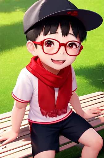 A Chinese 4yr old boy, in boy scout uiform shorts, short sleeve shirt and red scarf, cap, super detailed, cute, white , with thin glasses, and black hair, full body, detailed, hyperealistic, sittig on bench smiling, cinematic ligthing