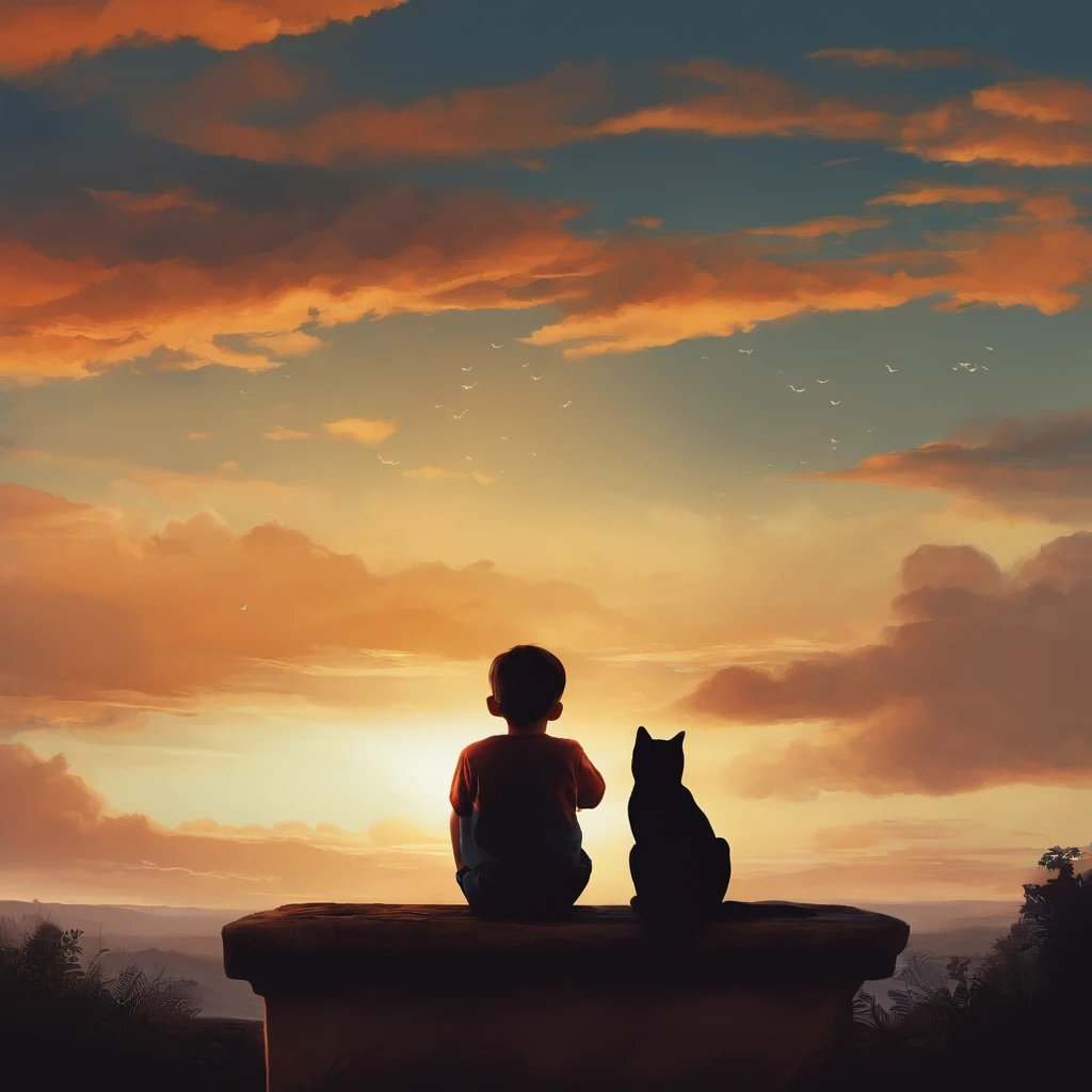 Open the sky and below there is a boy who is sad and a cat is sitting next to him