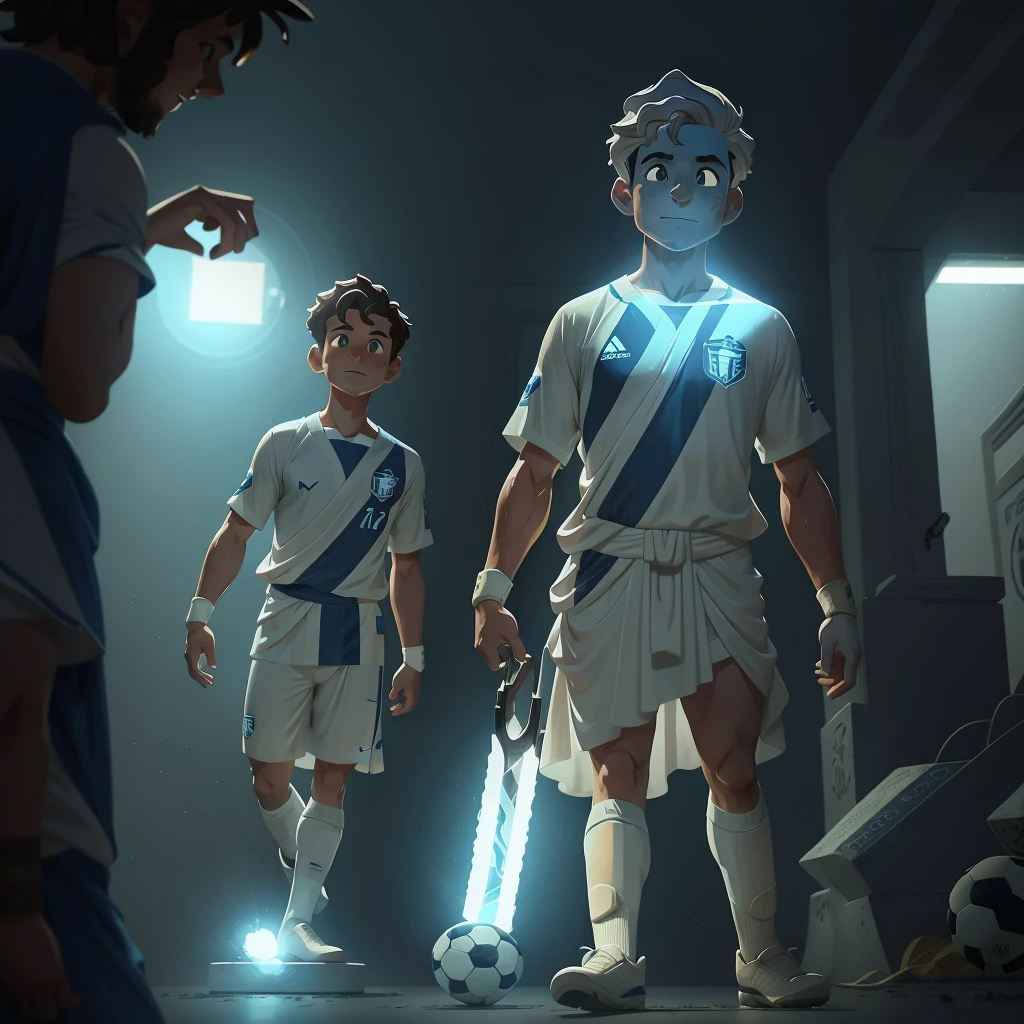 A realistic Greek white marble statue of thoughtful and brave Aristotle, dressed in a ghostly toga, is depicted in a moody, fotorealista style with a super detalhada and hiper realista finish. The statue is illuminated by bright lights, creating an 8K, ultra-high definition image.

In contrast, a soccer player, an attacker, wears a shirt number eleven that is alto and branco in color. His wavy, loiro hair frames his azul eyes as he focuses intently on the game. The image is captured in a clear and sunny day, with the player looking happy and radiant in the Disney Chanel style.