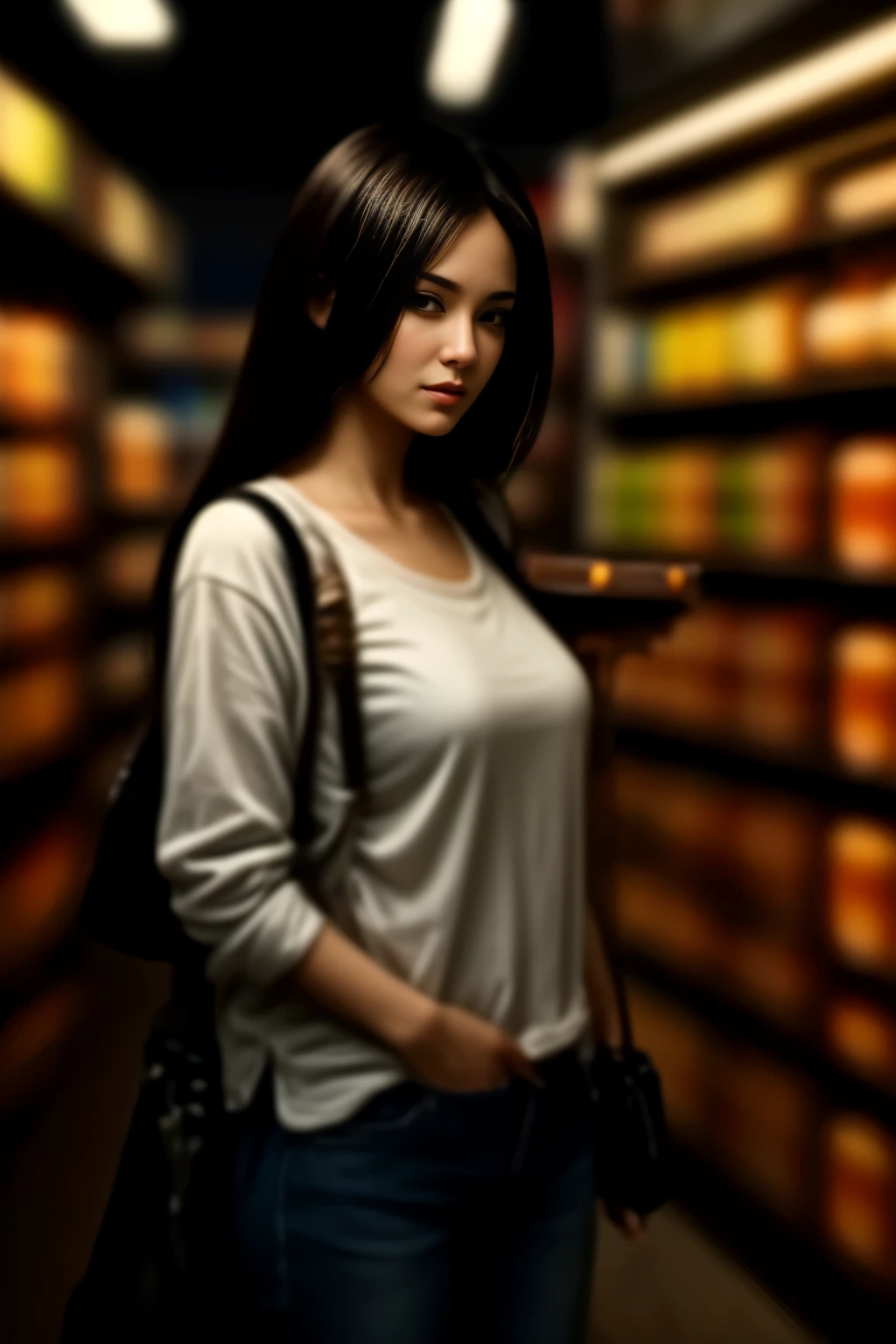 mature Beauty in casual wears at midnight convenience store, standing with beer can
