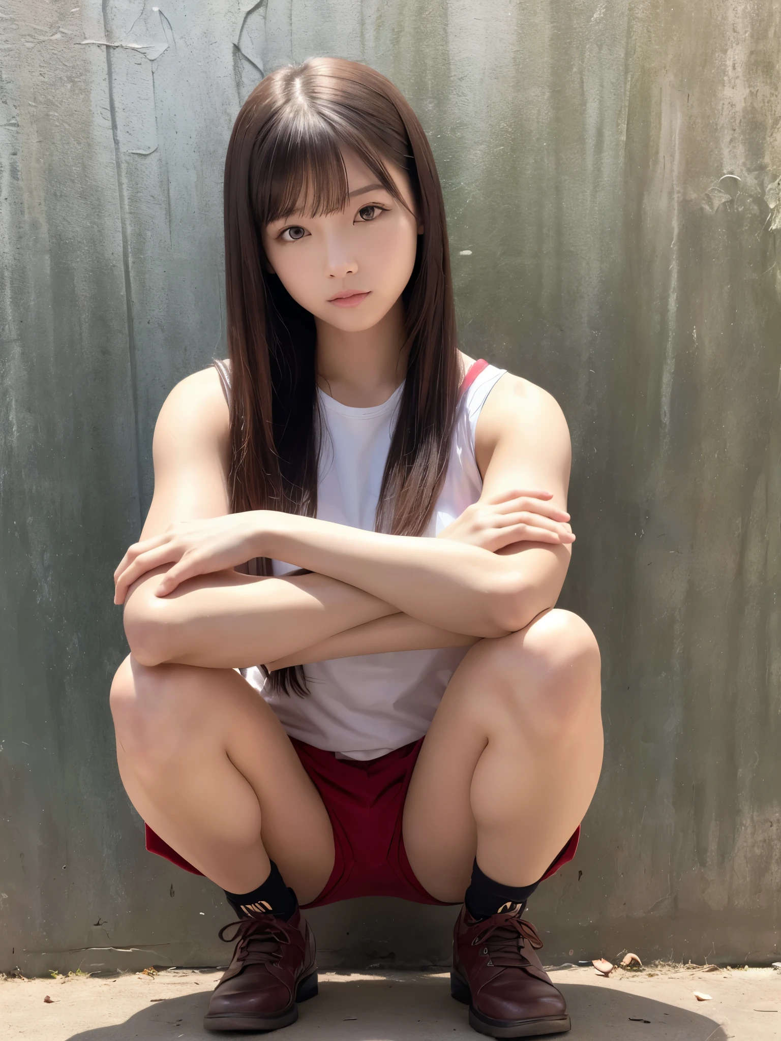 Muscular girl bending arms squatting with open crotch、sitting posture、bold spread legs、(anatomically correct)、（perfect body proportions)、(natural hands、natural fingers)