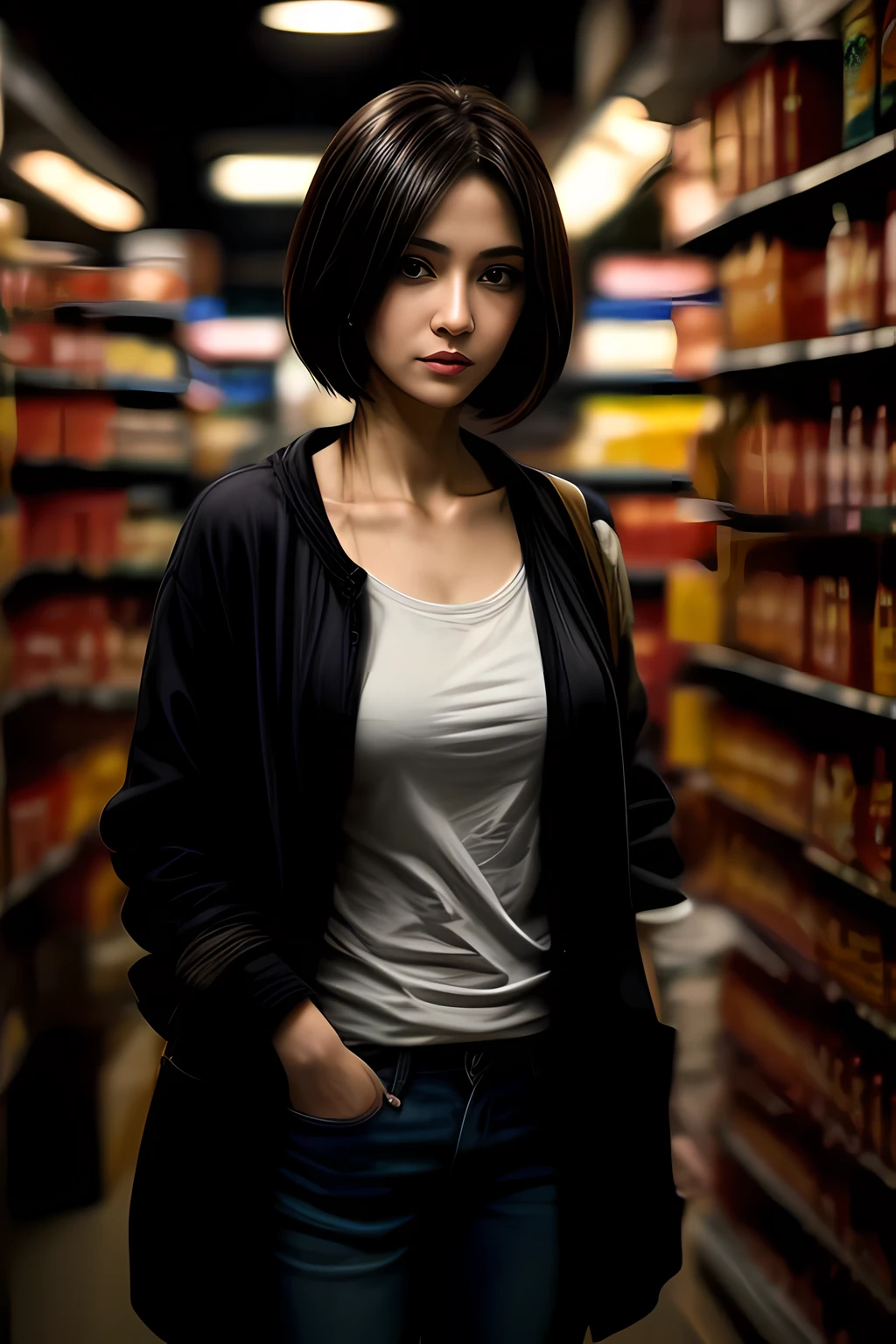 mature Beauty in casual wears at midnight convenience store, standing with beer can
