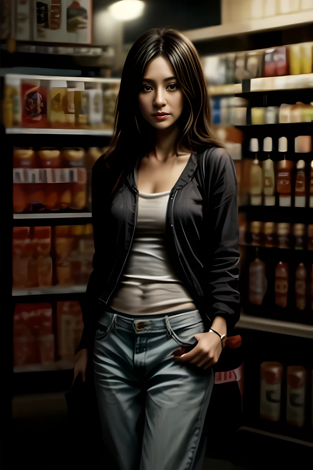 mature Beauty in casual wears at midnight convenience store, standing with beer can
