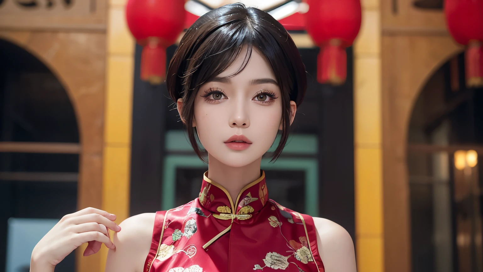 Cool Chinese Girl with Short Hair - Version 2.0:

Chinese women、Her short hair exudes sophistication and coolness.。, sophisticated hairstyle. her hair, Long shiny black bob, This style emphasizes angular jawline and high cheekbones.. The woman&#39;s face is perfectly made up, Slight pinkish redness on cheeks, thin, Well-defined eyebrows, Her lips have a hint of lip gloss. Her Eyes, Dark and almond-shaped, surrounded by a thick frame, Bold eyeliner and long, Perfect lashes.

She is wearing a modern Chinese costume., Consists of