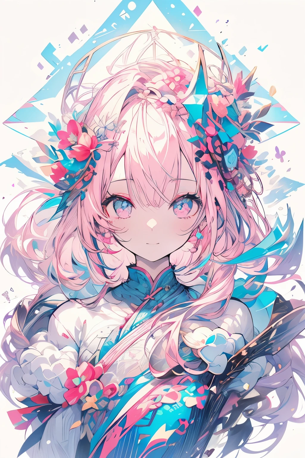 (White background: 1.4), (White clay road, oriental elements), (Yumekawa illustration: 1.3, Paper art: 1.3, Quilting paper art: 1.2), (Very cute design, sharp lines, high sharpness, top quality , high definition, table top, movie lighting effects, 4k ) (pastel colors: 1.0), lots of stars and hearts, wind, background, dreamy cute, white, pink and light purple decorations, wavy hair , short hair, dreamy atmosphere, hair in a combination of purple and light blue, knitwear, moe sleeves, very cute, pink eyes, lots of round decorations, pastel colors, slight smile, cute smile, dreams, clouds , ta, lots of hairpins, hoodies, hooded hoodies, cute white horns, lace, hair ribbons, lots of decorations