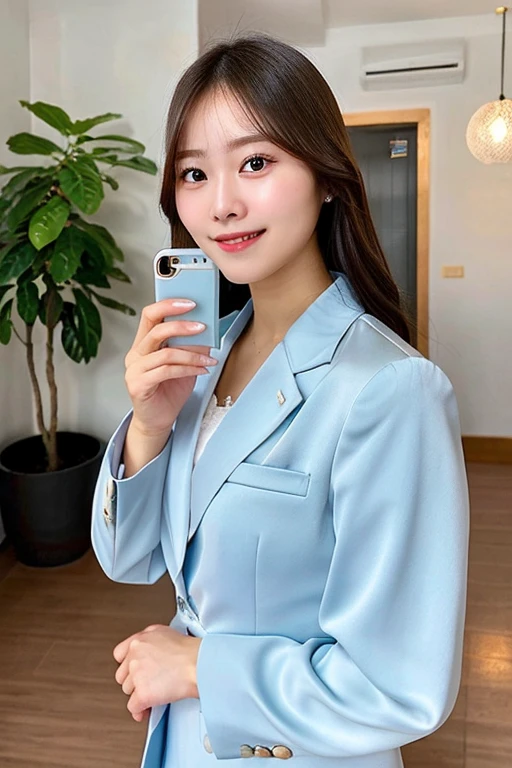 highest quality, shape, Super detailed, finely, High resolution, 8k wallpaper, ((have a smartphone)), 完璧なダイナミックな構shape, beautiful and detailed eyes, Light blue suit, chignon,small breasts natural color lip, smile、indoor、20 year old girl、cute、Photographed from the camera's perspective,perfect and beautiful face,blur the background, ((Smartphone in hand)),