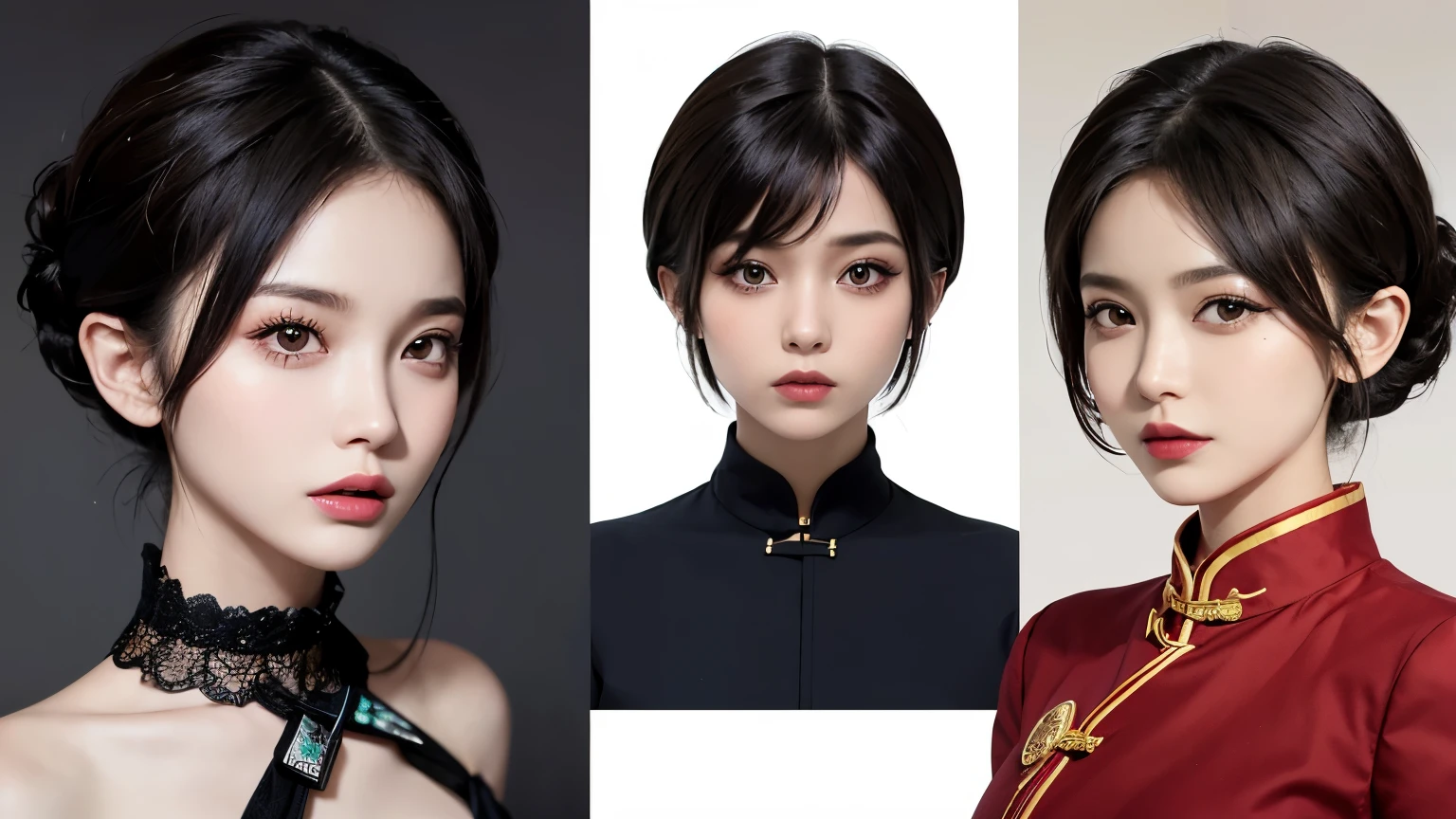 Cool Chinese Girl with Short Hair - Version 2.0:
Chinese women、Her short hair exudes sophistication and coolness.。, sophisticated hairstyle. her hair, Long shiny black bob, This style emphasizes angular jawline and high cheekbones.. The woman's face is perfectly made up, Slight pinkish redness on cheeks, thin, Well-defined eyebrows, Her lips have a hint of lip gloss. Her Eyes, Dark and almond-shaped, surrounded by a thick frame, Bold eyeliner and long, Perfect lashes.
She is wearing a modern Chinese costume., Consists of