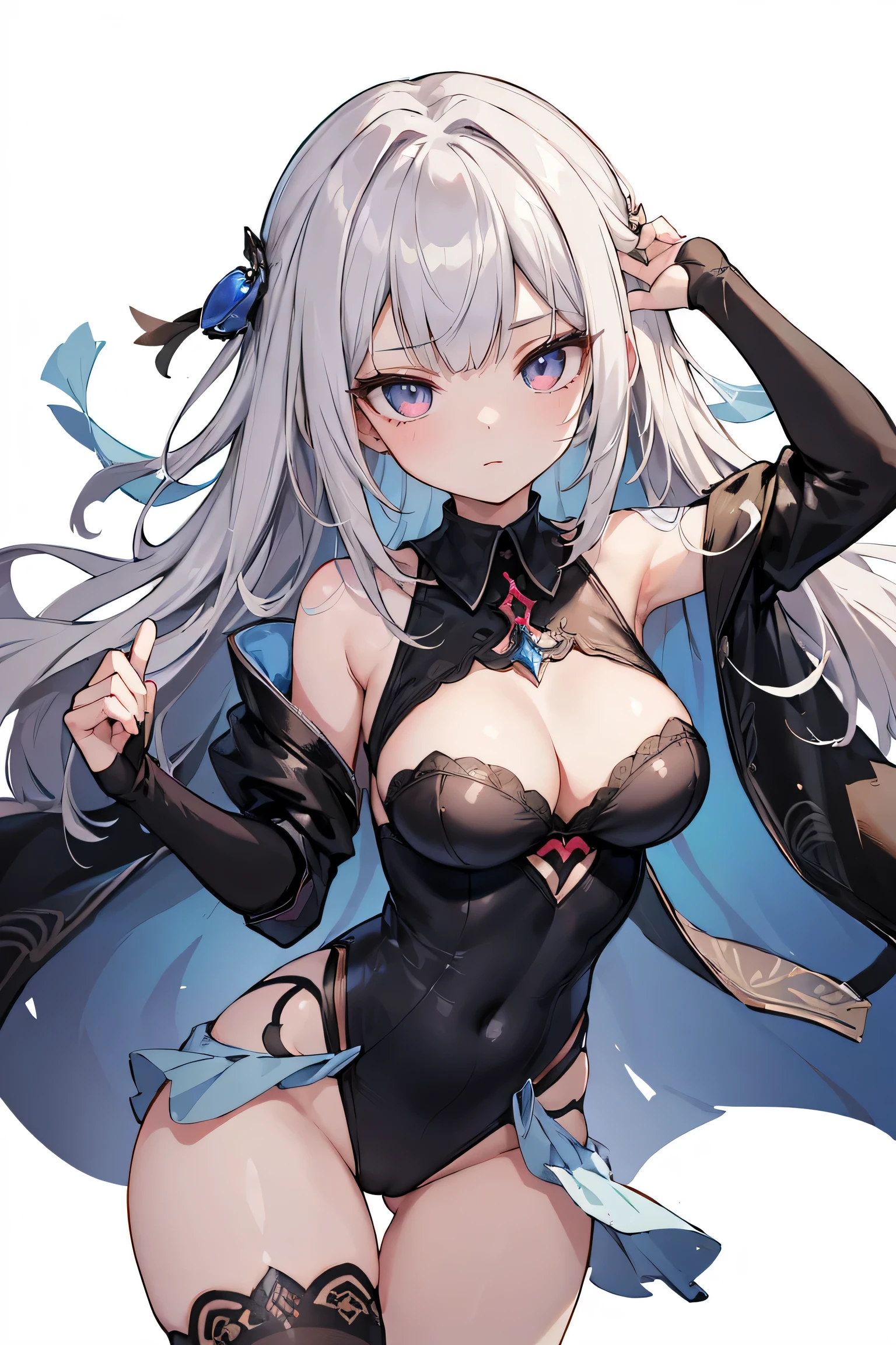 1girl, anime, cute girl, blank background, white background, fantasy, detailed fantasy dress with highlights, beautiful face, beautiful eyes, dark colors, black hair with multicolor streaks, red eye with different color pupil in eye, multicolor eye, medium small (slightly big), slight cleavagiful skin, cute, breast curtainsemely delicate and beautiful, (beautiful detailed face:1.0), (detailed deep eyes), symmetrical breasts, deep eyes, sin, portrait, slender waist, hips wider than shoulders, thighs, expressionless, young girl, luminous eyes, adorable,(Kpop idol),(aegyo sal:1),(Platinum blonde hair:1),((puffy eye)),Black panty,sexyture,Superskirt, uhigh rlution,Black collar,slim figure, Abdominal y tattoo, womb tattoo,Tight-fitting leg ring,y tattoo on half-body,Bare skin, Armored hand,Hidden fingertips,Hand covered,Arm covered,Fist covered,{{beautiful detailed fingers}}, tufts of hair, moderate beautiful breast:1.0,(masterpiece:1.2), best qualigh-res, HDR, perfect face, intricate armor, delicate blue filigree, intricate filigree, red metalic parts, detailed part, dynamic pose, dynamic lights, cute face