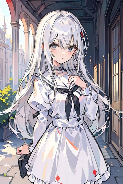 (best quality:1.3), (masterpiece:1.3), (illustration:1.3), (ultra-detailed:1.3), (imid shot:0.9), (Detailed Gray Eyes), (Long haired hairstyles), A girl, White haired, Wearing White Seifuku Uniform.., (Deadpanned Emotion).., (Close view looking at me),.. (School Courtyard)