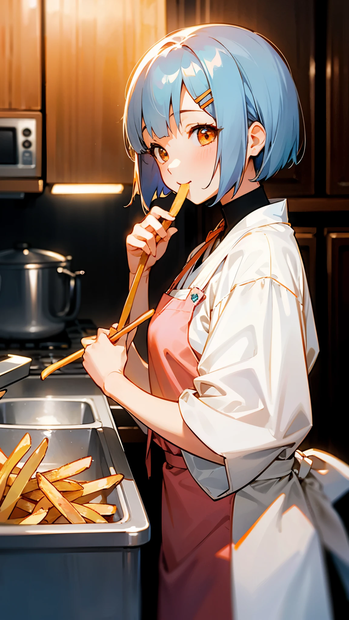 1 girl、anime picture、kitchen、Cute woman cooking delicious food、Eating French Fries、shrimp、light blue hair、short bob hairstyle、Tie your hair with an orange hair clip、Beautiful brown eyes、smile、From the side、sharp outline、background bokeh、written boundary depth