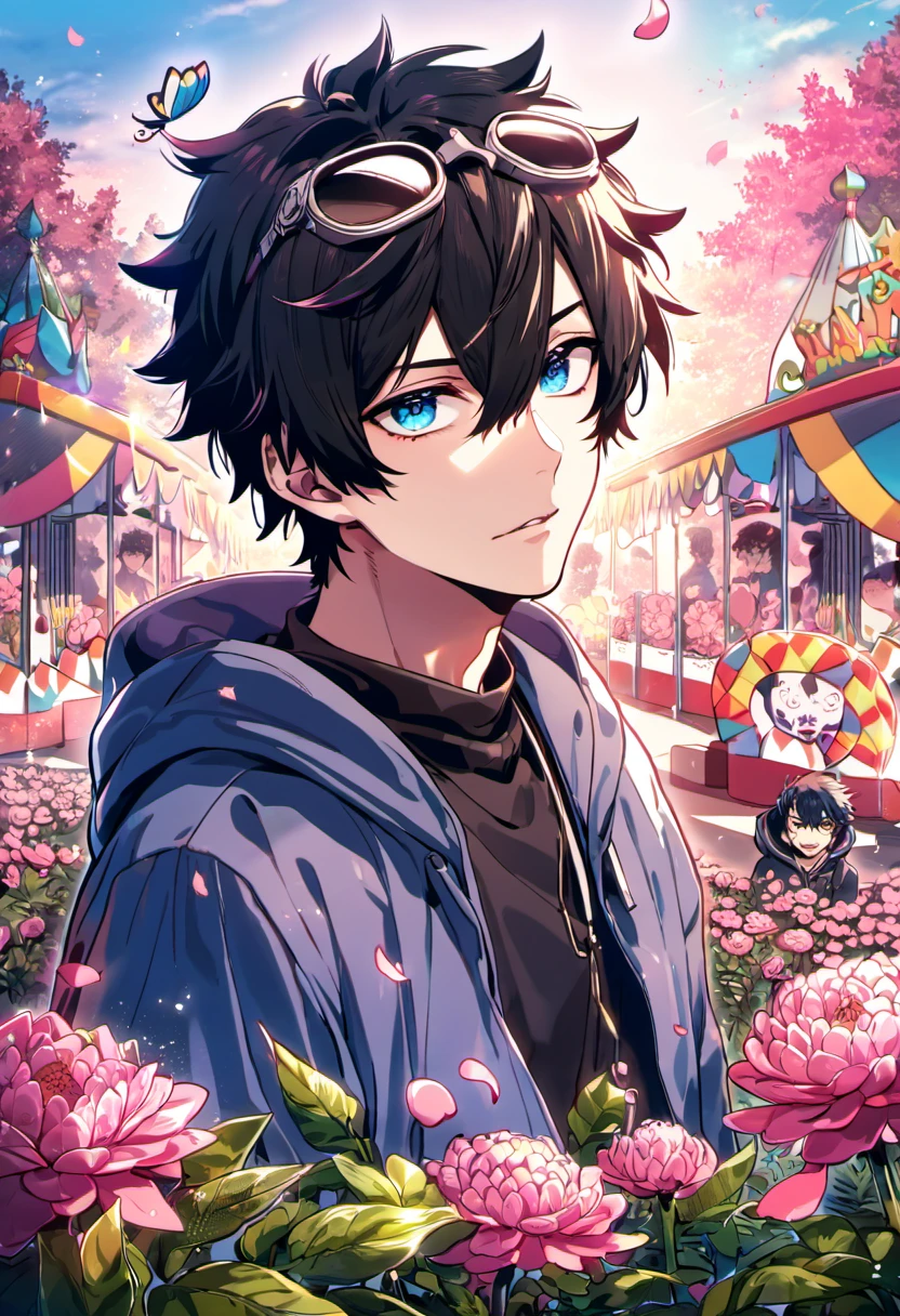 absurdres, highres, ultra detailed, HDR, masterpiece, Gareki, spiky black hair, hair between the eyes, expressive blue eyes, Karneval, 1man, handsome, pink petals, pink butterflies, pink flowers, garden, extremely detailed, black shirt, a hooded blue coat, a pair of black goggles on the forehead