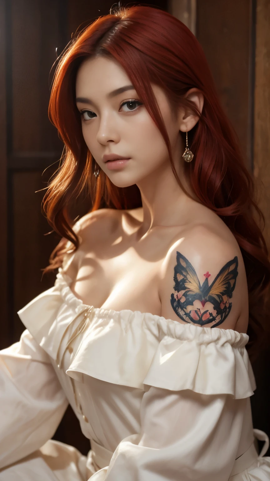 (8K, highest quality, masterpiece:1,2), (realistic, Photoreal:1.37), Super detailed, one girl,), (very detailed), (detailed and beautiful eyes), (highest qualityの), (Super detailed ), (masterpiece), (detailed face),woman((19 years old)),portrait, red毛, yellow-white eyes, 長いhair, red毛のhair ,hair((red, 彼女の前hairは下がっている,princess cut、length)), ウェーブのかかったhair, 前hair, background golden hour, null, Tattoo on chest, White blouse with ruffles, race, neck tattoo, Tattoo of thorns、off shoulder