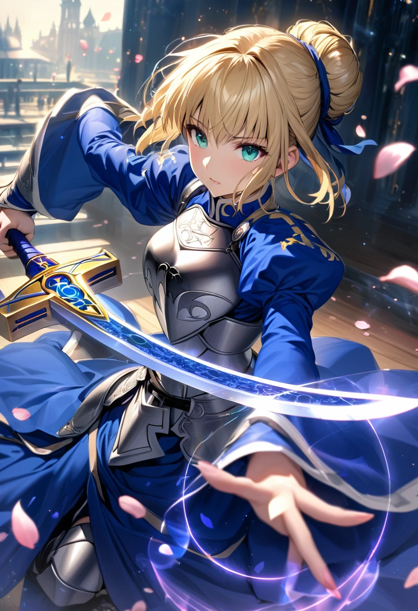 Ultra detailed, Highres, absurdres, HDR, Saber, blond hair tied in a bun, aqua eyes, Fate Stay Night, blue dress, silver armor, grabbing a sword (Excalibur), beautiful, 1 woman only, blue magical circle, petals,