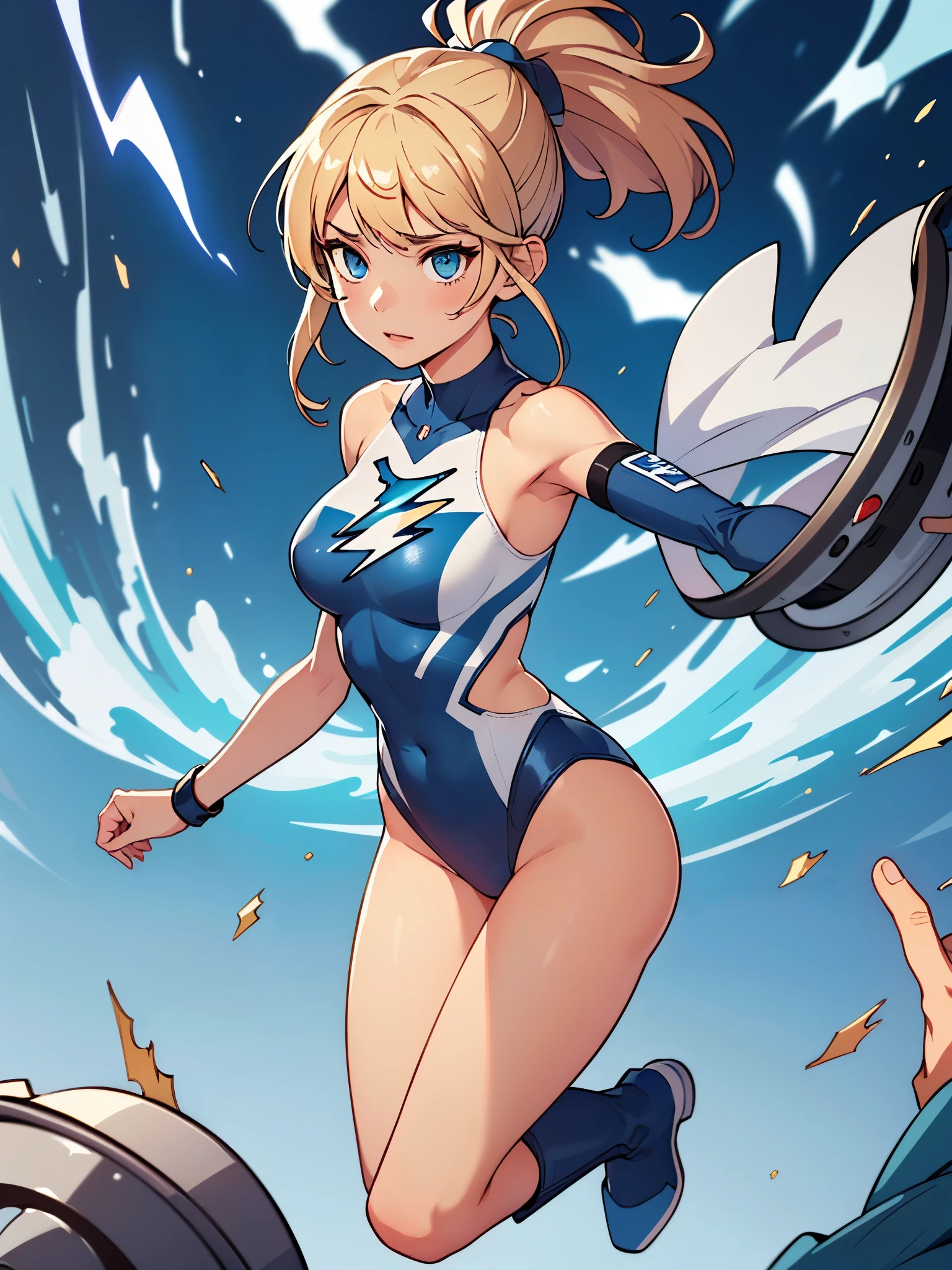 1girl, tall body, light blonde hair, aquamarine eyes, boots, breasts, bracelets, full body, hair ornament, ((shoulder-length hair, ponytail, bangs)), full body with costume, ((leotard, perfect leotard, gymnast_outfit leotard, white leotard with blue accents, bare legs)), hi-tech shoulder pads, (white boots), medium breasts, perfect hands, complete fingers, perfect anatomy, perfect proportions, solo, solo focus, superhero, ((blue lightning logo on chest)), beautiful detailed eyes, beautiful detailed face, age 18, asuka suit, full body portrait, ((she spins at an incredible speed, creating a whirlwind of air around her))