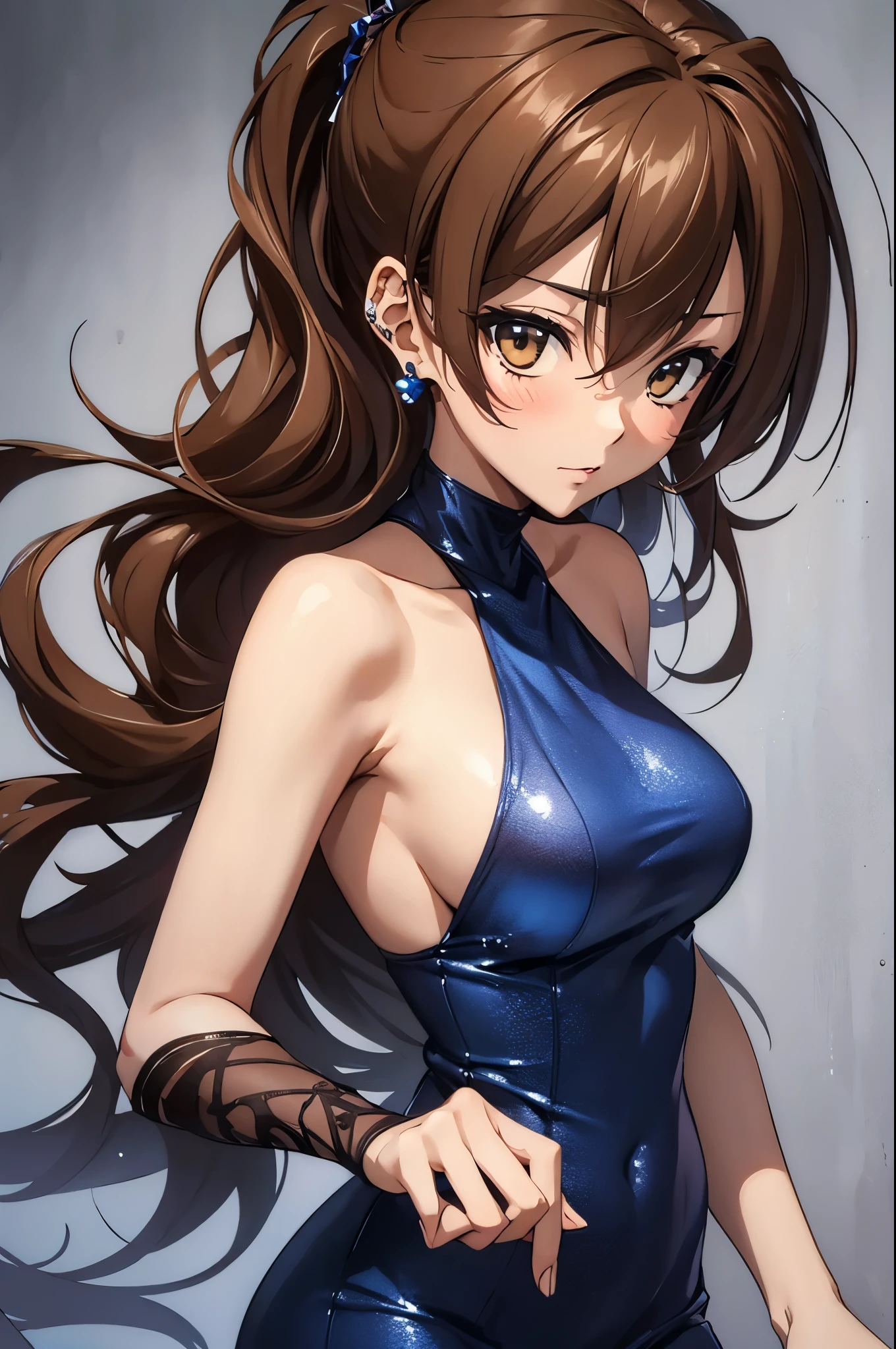 (masterpiece, best quality:1.2), expressive eyes, perfect face, highres, 1girl, solo, (female:1.5), issei_hyoudou, long hair, brown eyes, blue dress, (bodycon dress), make-up, earrring, long gloves, meshes, blushing, nervous, standing, portrait, looking at viewer