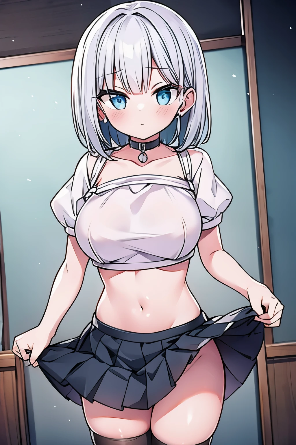 Mine series Two Toneの髪 pink black G cup skirt Thighhighs choker ribbon bob masterpiece highest quality High resolution blue eyes short sleeve blackい服
big breasts Two Tone Show panties bra underwear Show bra shame earrings shyness blush female brat Silver Erotic sexual adult