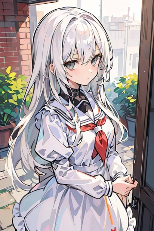 (best quality:1.3), (masterpiece:1.3), (illustration:1.3), (ultra-detailed:1.3), (imid shot:0.9), (Detailed Gray Eyes), (Long haired hairstyles), A girl, White haired, Wearing White Seifuku Uniform.., (No Emotion).., (Close view looking at me),.. (School Courtyard)
