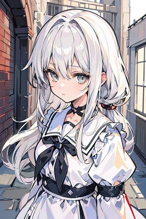 (best quality:1.3), (masterpiece:1.3), (illustration:1.3), (ultra-detailed:1.3), (imid shot:0.9), (Detailed Gray Eyes), (Long haired hairstyles), A girl, White haired, Wearing White Seifuku Uniform.., (No Emotion).., (Close view looking at me),.. (School Courtyard)