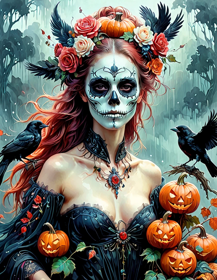 (The Art of Aptrus, Peter Pola), skeleton, 1 girl, Hairy, Jour des morts, Scary Pumpkin Mask, Rags of rags, fog and mist, flat chest, small breasts, Rotten pumpkins all around, official art, Super detailed, Beautiful and beautiful, intricate details, Portrait of the most beautiful chaotic form, elegant, brutalist design, bright colors, by James Jean, Robbie Devi Antonio, Rostran, French bacon, Michael Mraz, Adrian Genius, Petra Cortright, Gerhard Richter, Takato Yamamoto, Ashley Wood, Atmospheric, (black crow:1), (Blackbird:1.2), Red rose, (Limited color palette), Extremely lush, Colorful hair, (whole body:1.4), (symmetry), masterpiece, best quality