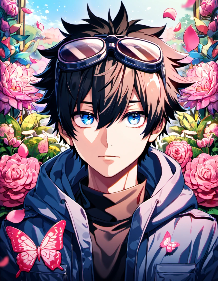 absurdres, highres, ultra detailed, HDR, masterpiece, Gareki, spiky black hair, hair between the eyes, expressive blue eyes, Karneval, 1man, handsome, pink petals, pink butterflies, pink flowers, garden, extremely detailed, black shirt, a hooded blue coat, a pair of black goggles on the forehead