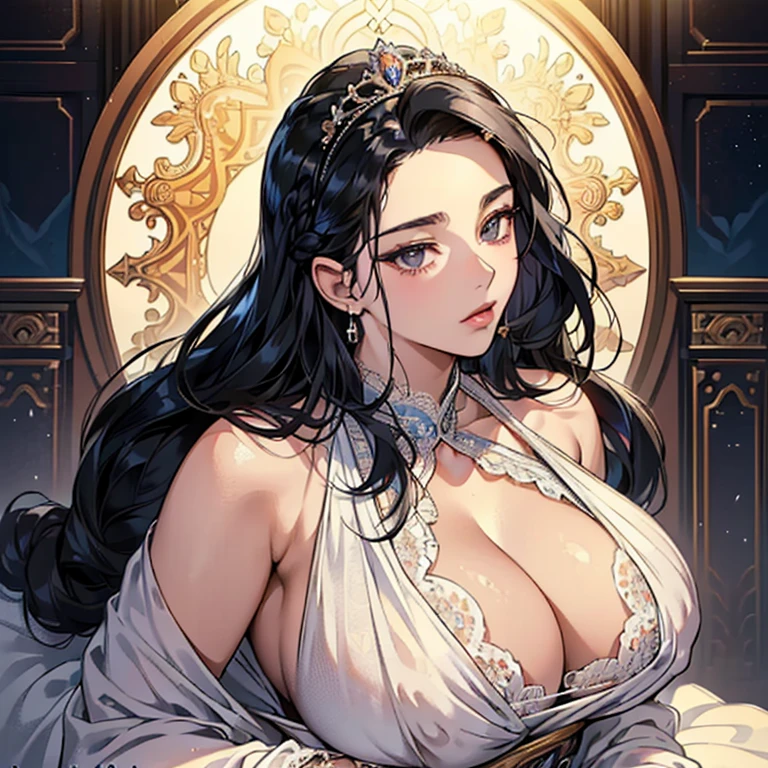 (anime moe style)),((game CG)),(masterpiece),(highest quality), (Super detailed),shape,((very delicate and beautiful)), ,sharp look,looking at the viewer,(((24 year old female)),((whole body)),detailed face and eyes,Intense eyes like jewels,(loosely braided long hair),,,(super huge breasts,long and slightly saggy breasts,nipple) plump body black hair, black eyes A special, luxurious and carefully crafted dress like a princess, gorgeous jewelry, a royal castle, a gorgeous tiara with lots of lace