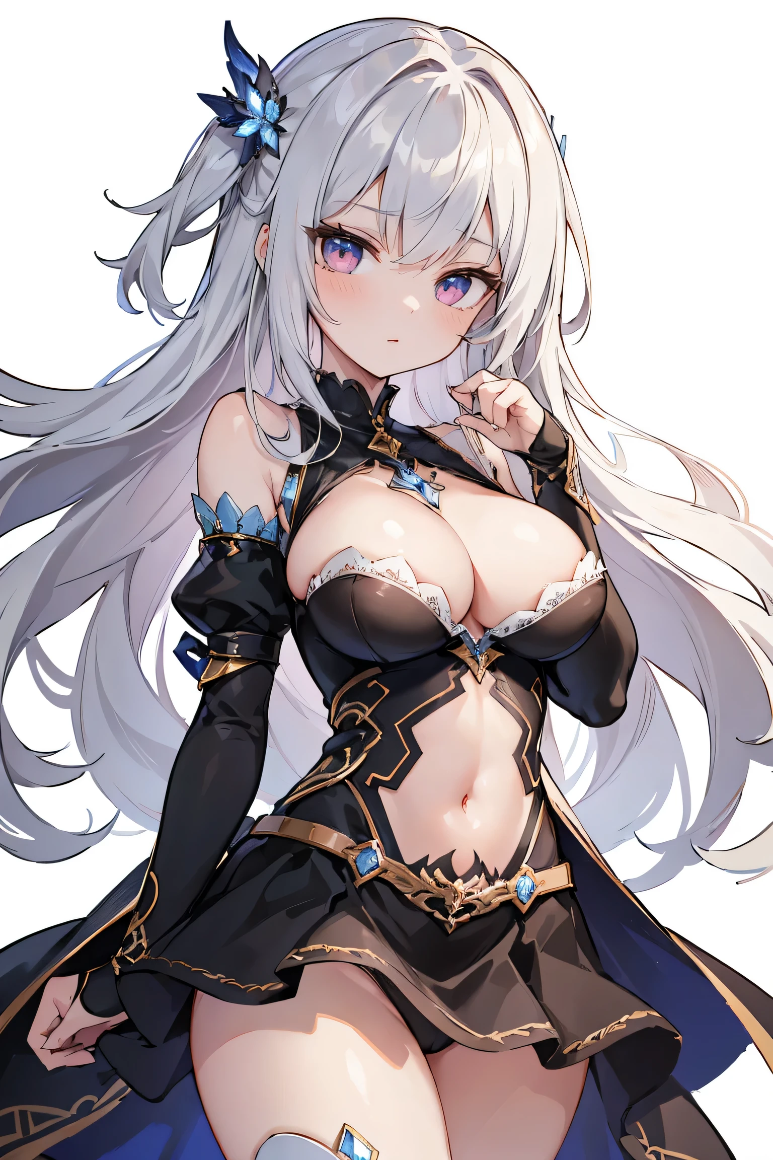 1girl, anime, cute girl, blank background, white background, fantasy, detailed fantasy dress with highlights, beautiful face, beautiful eyes, dark colors, black hair with multicolor streaks, red eye with different color pupil in eye, multicolor eye, medium small breasts (slightly big), slight cleavage, beautiful skin, cute, breast curtains, extremely delicate and beautiful, (beautiful detailed face:1.0), (detailed deep eyes), symmetrical breasts, deep eyes, shiny skin, portrait, slender waist, hips wider than shoulders, thighs, expressionless, young girl, luminous eyes, adorable,(Kpop idol),(aegyo sal:1),(Platinum blonde hair:1),((puffy eye)),Black panty,sexy posture,Superskirt, ultra high resolution,Black collar,slim figure, Abdominal y tattoo, womb tattoo,Tight-fitting leg ring,y tattoo on half-body,Bare skin, Armored hand,Hidden fingertips,Hand covered,Arm covered,Fist covered,{{beautiful detailed fingers}}, tufts of hair, moderate beautiful breast:1.0,(masterpiece:1.2), best quality, high-res, HDR, perfect face, intricate armor, delicate blue filigree, intricate filigree, red metalic parts, detailed part, dynamic pose, dynamic lights, cute face