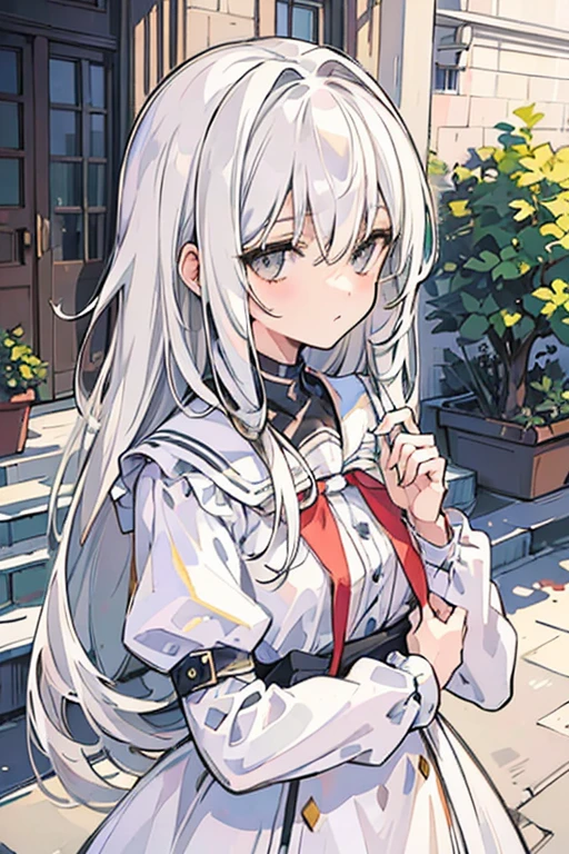 (best quality:1.3), (masterpiece:1.3), (illustration:1.3), (ultra-detailed:1.3), (imid shot:0.9), (Detailed Gray Eyes), (Long haired hairstyles), A girl, White haired, Wearing White Seifuku Uniform.., (No Emotion).., (Close view looking at me),.. (School Courtyard)