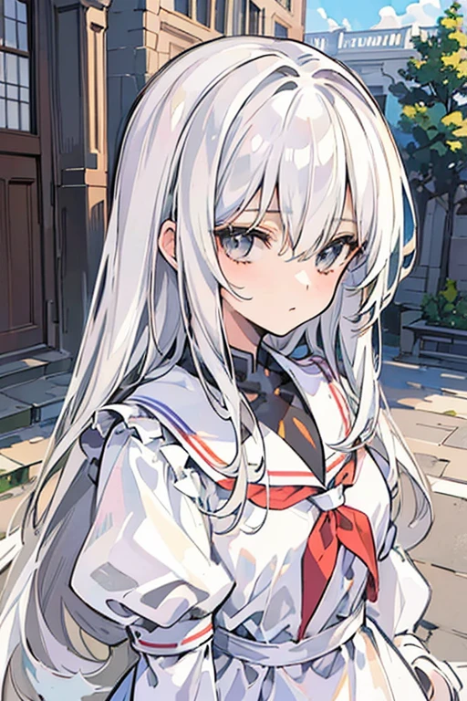 (best quality:1.3), (masterpiece:1.3), (illustration:1.3), (ultra-detailed:1.3), (imid shot:0.9), (Detailed Gray Eyes), (Long haired hairstyles), A girl, White haired, Wearing White Seifuku Uniform.., (No Emotion).., (Close view looking at me),.. (School Courtyard)