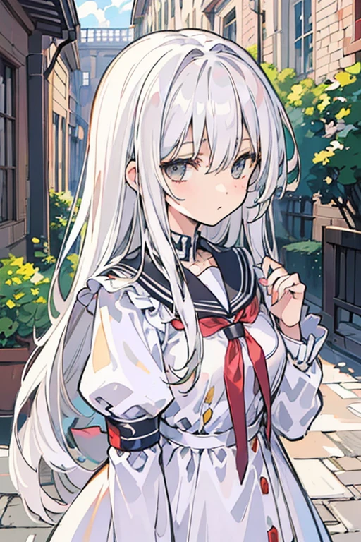 (best quality:1.3), (masterpiece:1.3), (illustration:1.3), (ultra-detailed:1.3), (imid shot:0.9), (Detailed Gray Eyes), (Long haired hairstyles), A girl, White haired, Wearing White Seifuku Uniform.., (No Emotion).., (Close view looking at me),.. (School Courtyard)