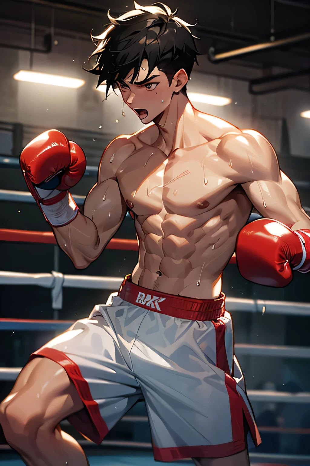 shirtless, super muscular, sweat-drenched body, 22-year old short black hair handsome caucasian male wearing boxing gloves, sweat-drenched white boxing shorts and boxing shoes, panting, in the boxing ring, shirtless 